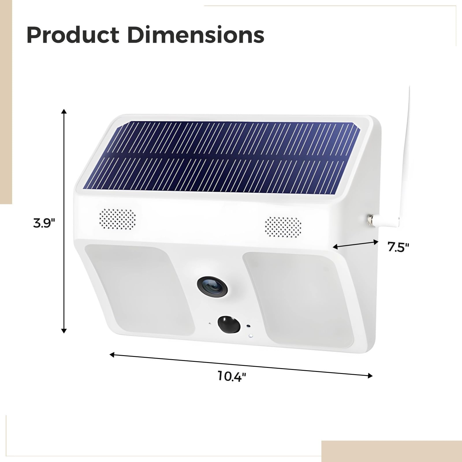 Weiße Solar-Überwachungskamera mit Maßangaben. 3,9" hoch, 7,5" breit und 10,4" lang. Schwarze Kameralinse.