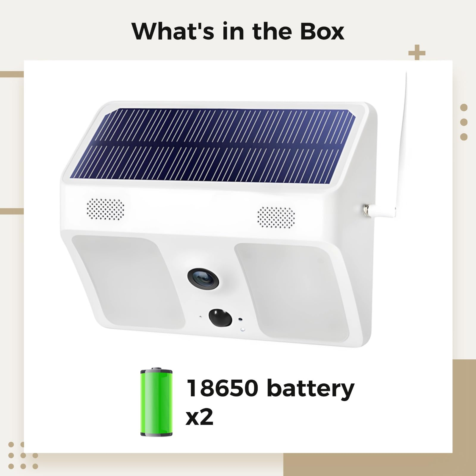 Weiße Solar-Überwachungskamera. Enthält zwei 18650-Batterien. Eine grüne Batterie ist im Bild enthalten.