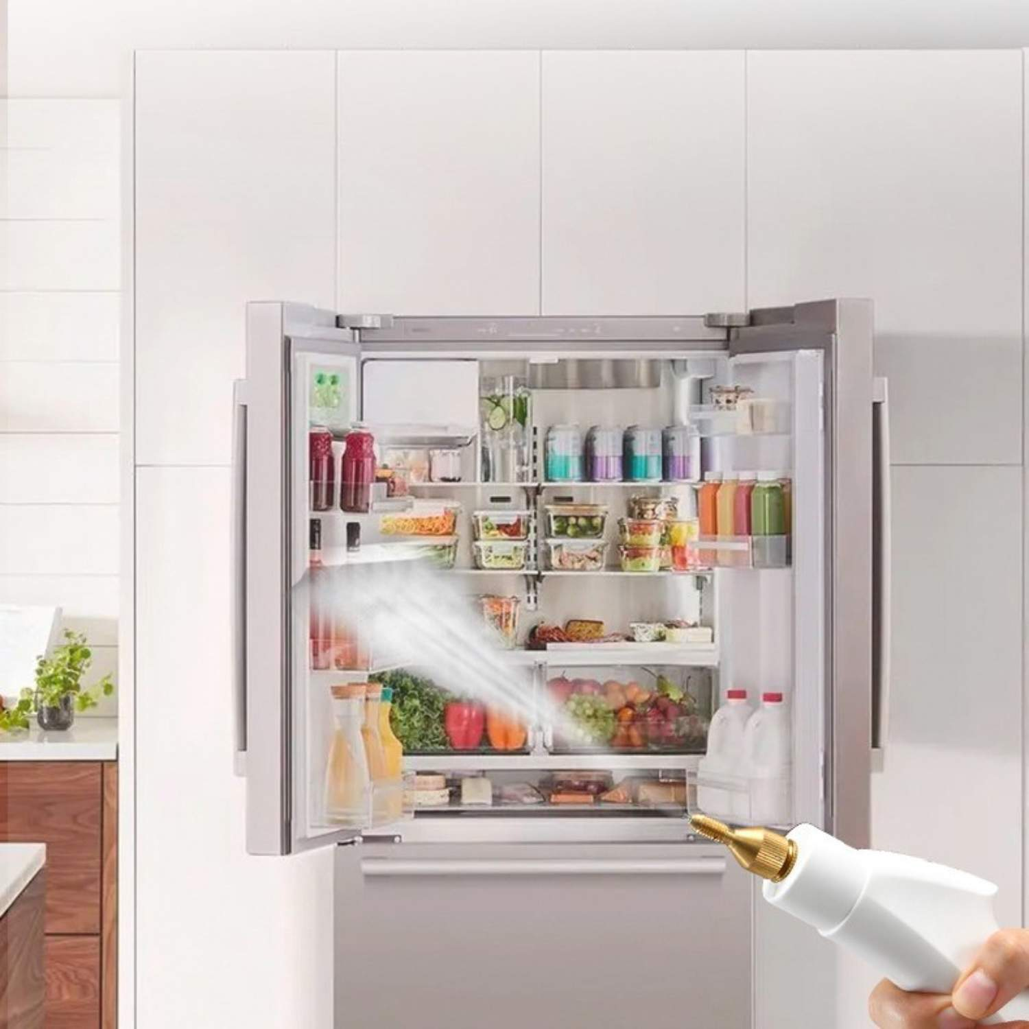 Eine Hand, die ein weißes Sprühgerät hält, das auf einen Kühlschrank mit geöffneten Türen gerichtet ist. Obst und Gemüse sind darin.