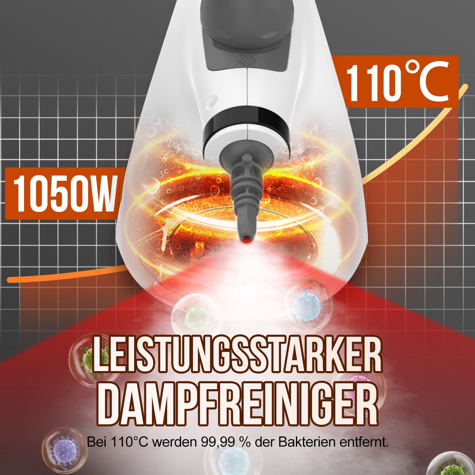Eine Nahaufnahme eines Dampfreinigers, der die Leistung in Watt und die Temperatur in Celsius zeigt.