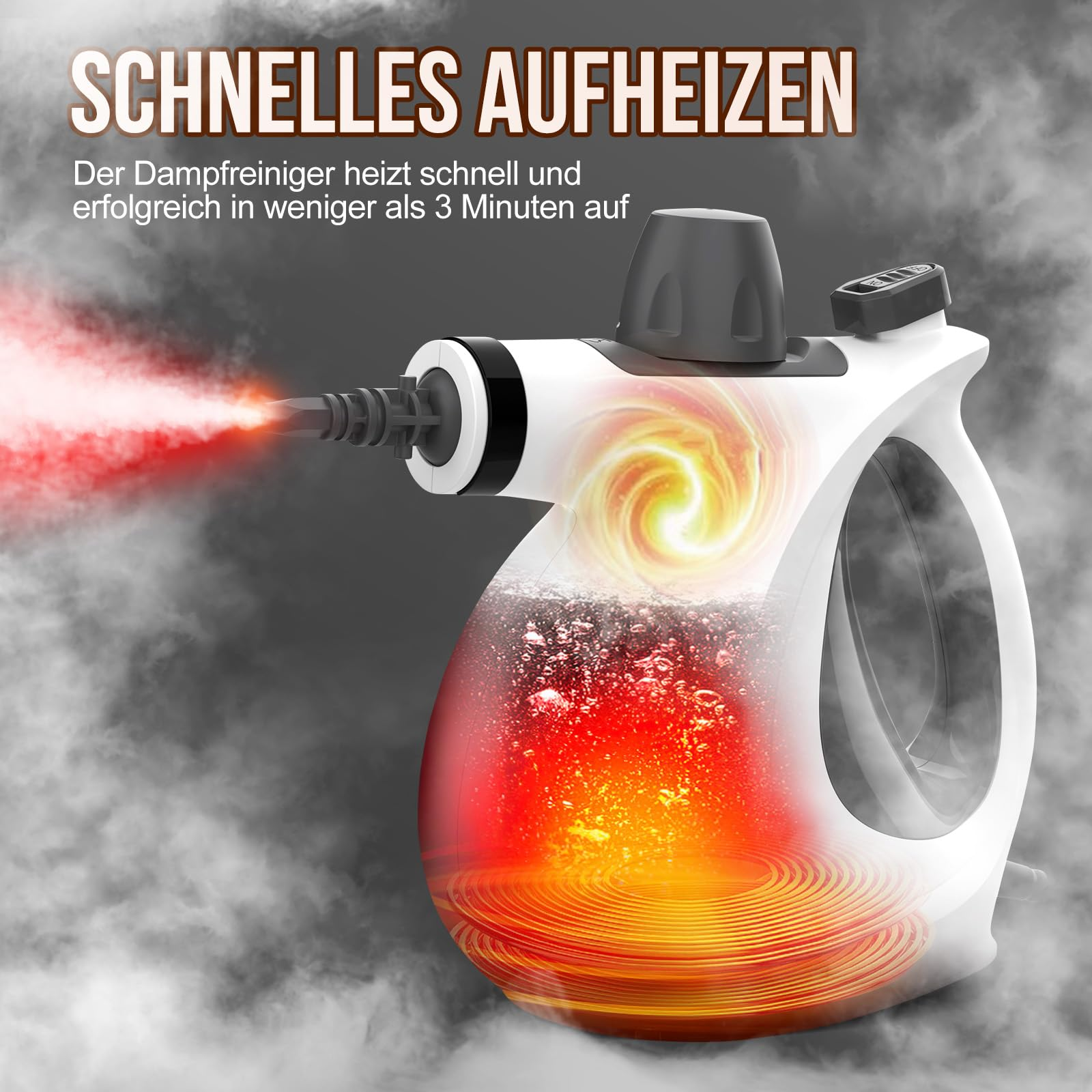 Ein weißer und schwarzer Dampfreiniger mit Text, der besagt, dass er sich schnell erhitzt. Dampf in einem Spiralmuster gezeigt.