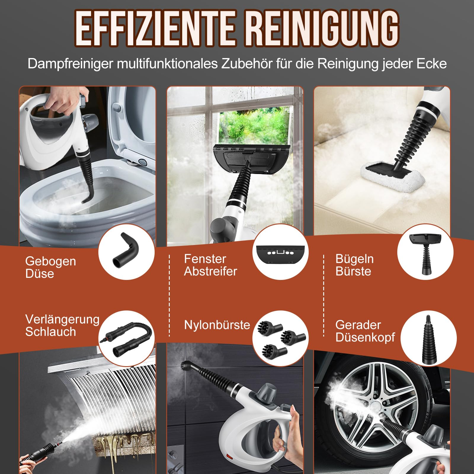 Mehrere Bilder, die verschiedene Zubehörteile für einen Dampfreiniger zeigen, die auf verschiedenen Oberflächen verwendet werden.