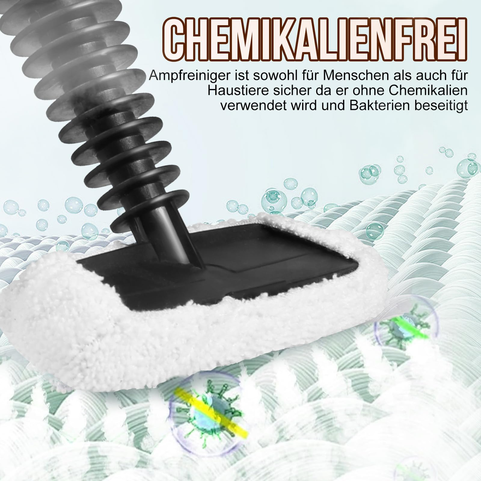 Nahaufnahme eines Dampfreinigerkopfes, der eine Oberfläche reinigt. Der Text besagt, dass es chemikalienfrei ist.