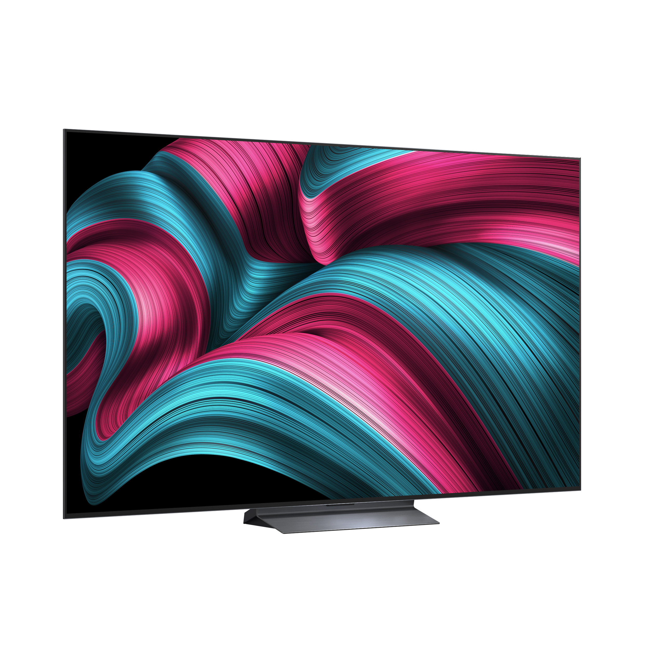 Un téléviseur moderne avec un écran incurvé affichant un design abstrait coloré, sur fond blanc.