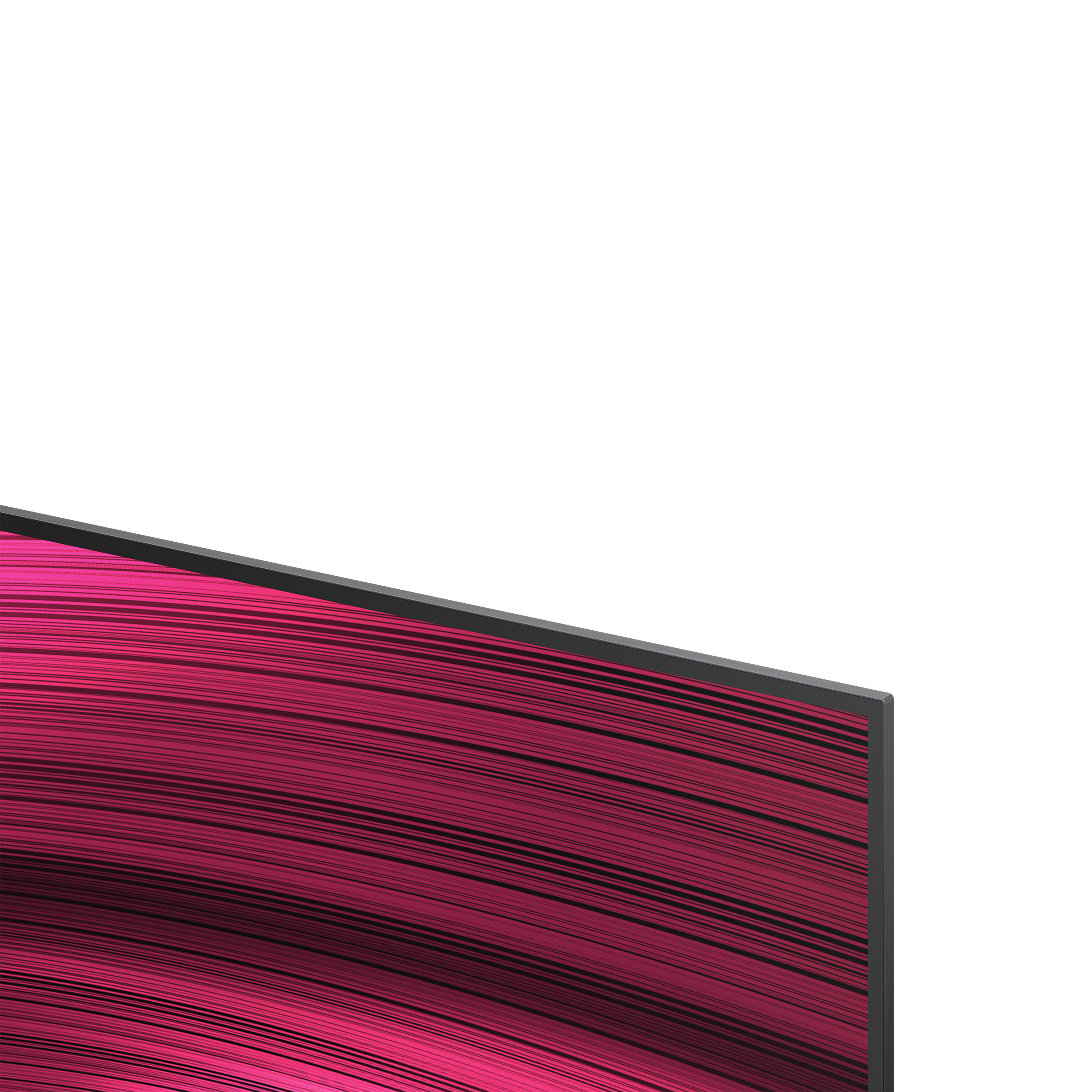 Gros plan d'un écran de télévision incurvé. L'écran affiche des lignes ondulées rouges et roses. Lunette noire.