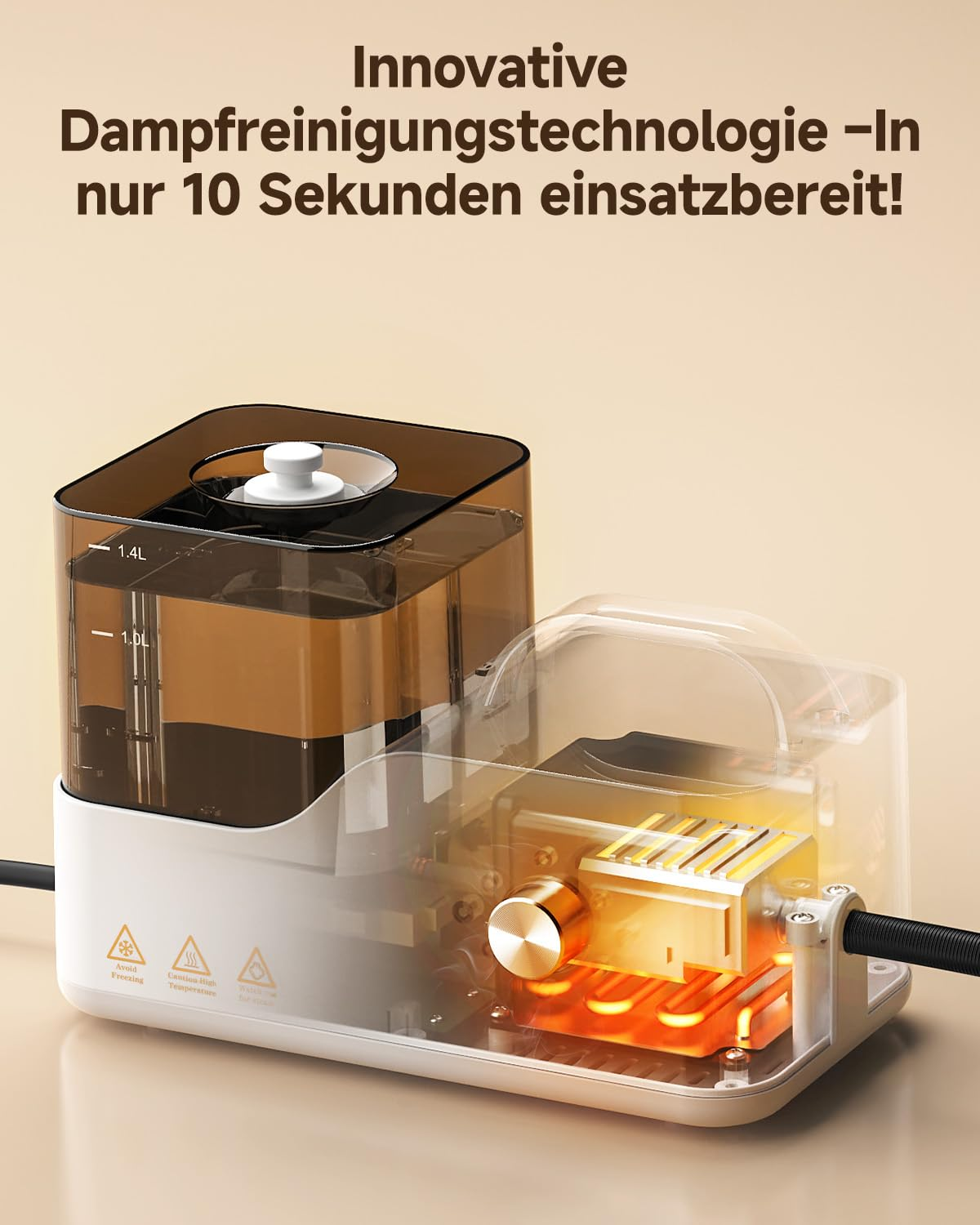 Dampfreiniger, Schnittansicht, zeigt interne Komponenten und Heizelemente.
