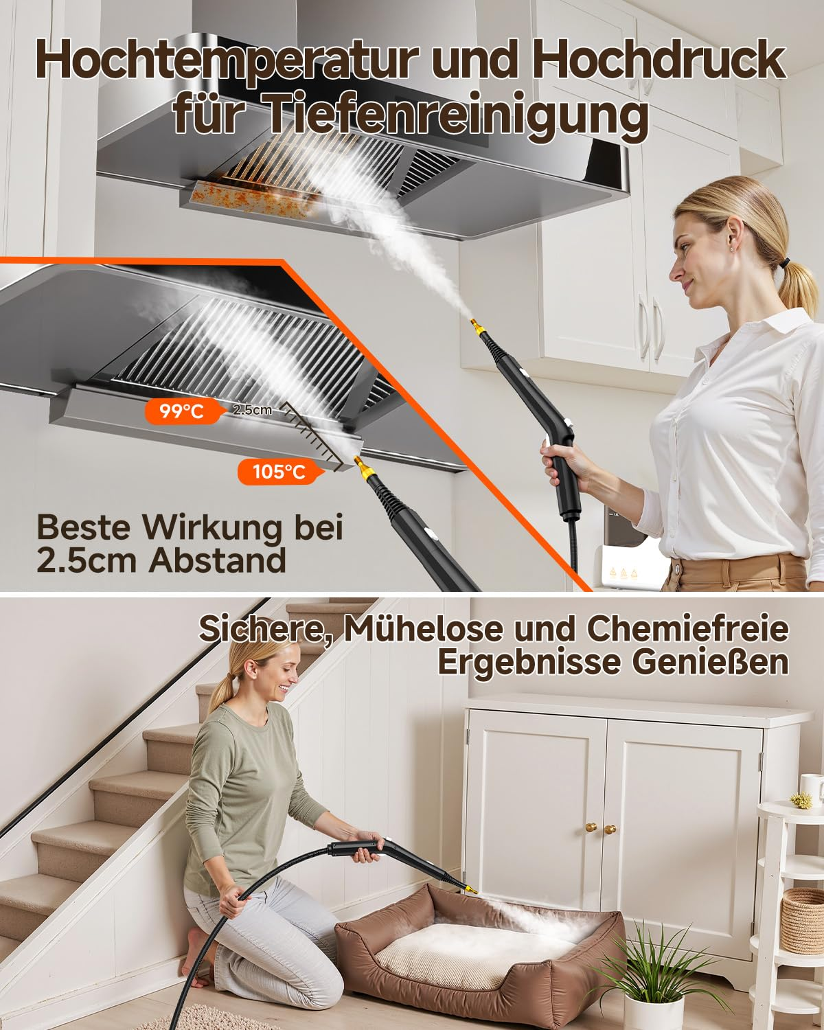 Frau, die einen Dampfreiniger an einer Küchenhaube und einem Hundebett verwendet, mit Temperaturangaben.
