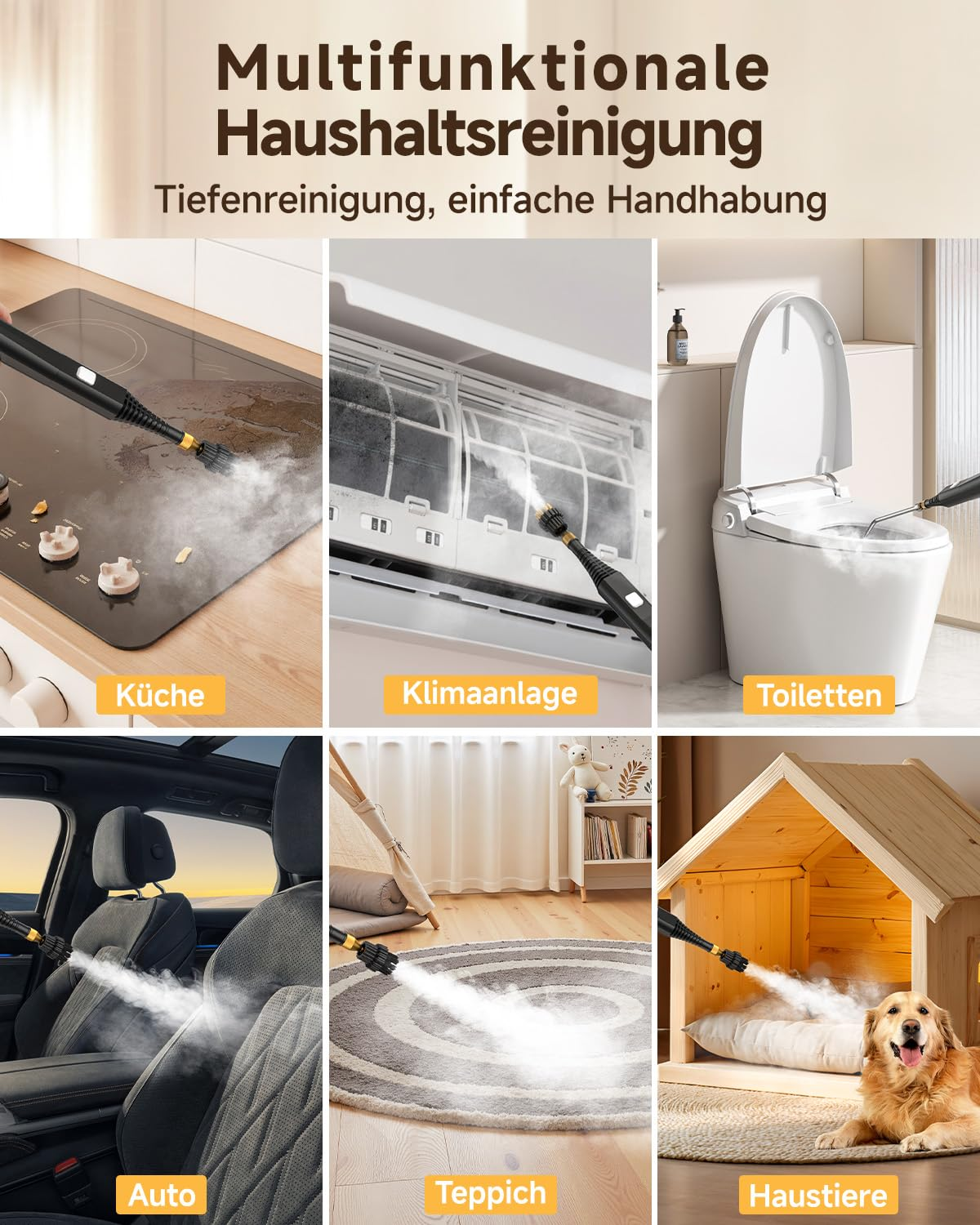 Eine Collage von Reinigungsszenen: Küche, Klimaanlage, Toilette, Auto, Teppich und Hundehütte.