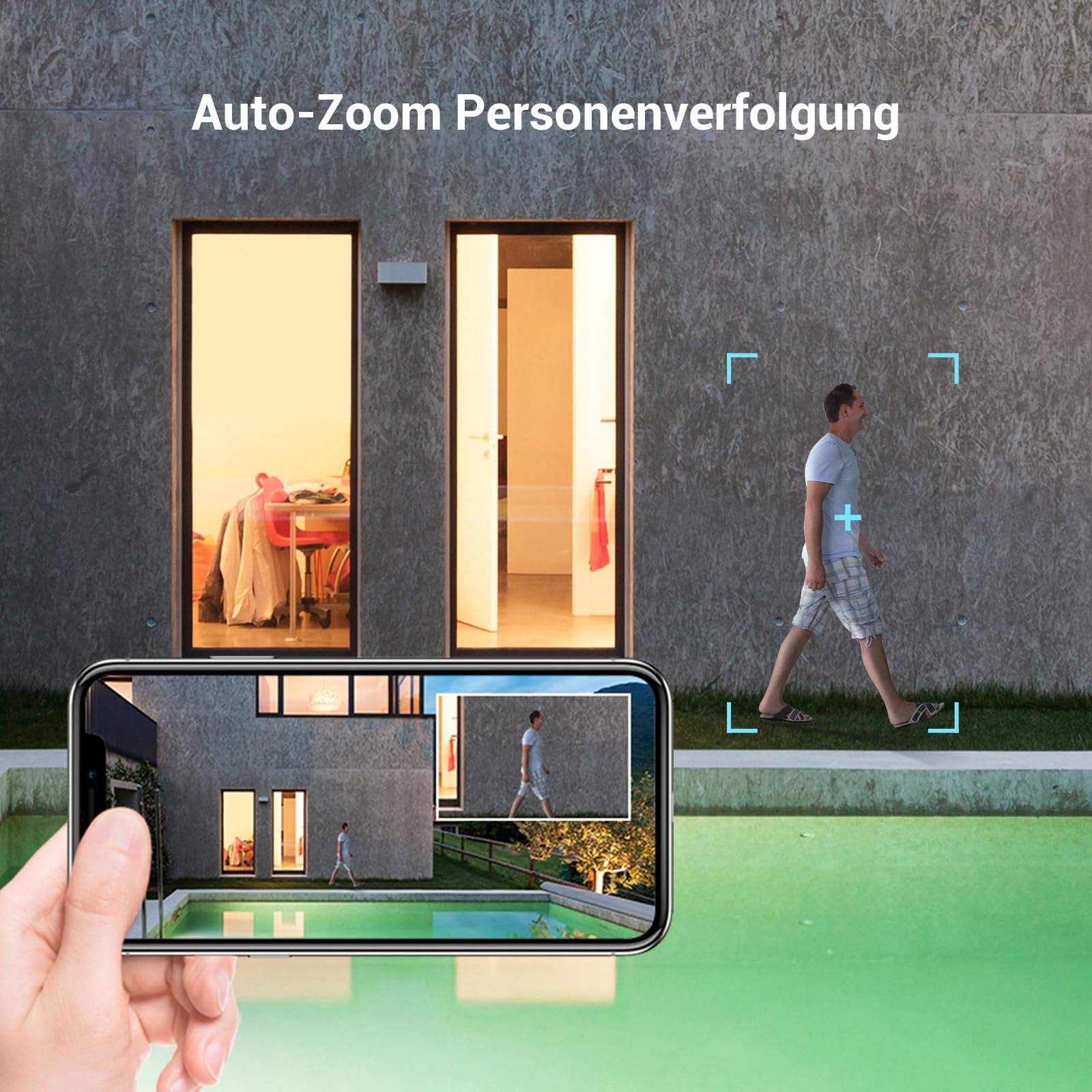 Eine Person geht, verfolgt von einem Telefonbildschirm, der die Live-Kameraansicht zeigt. Das Telefon identifiziert die Person.
