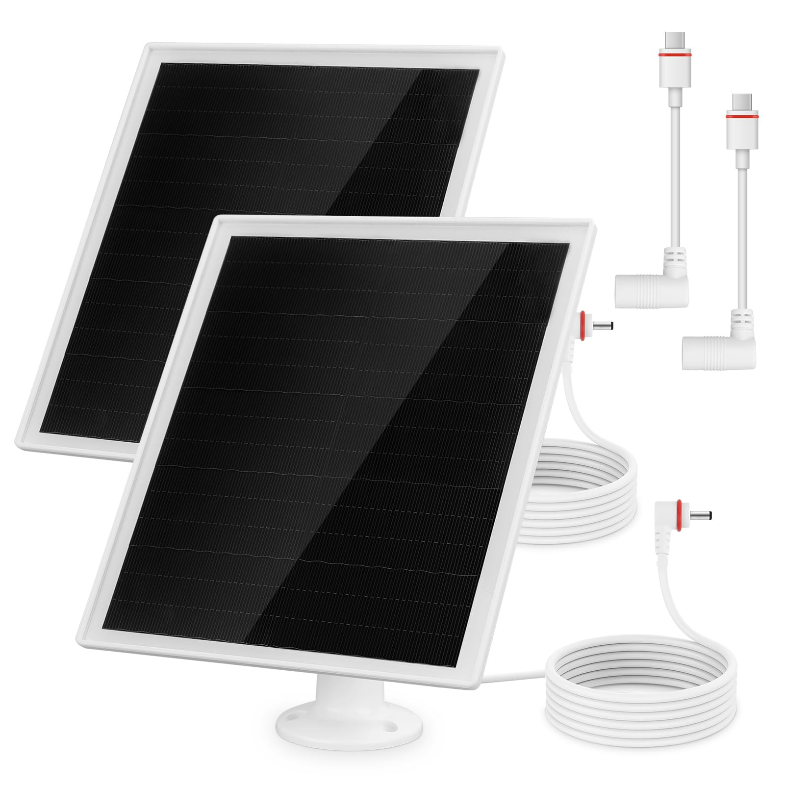 Zwei Solarmodule mit weißen Rahmen und schwarzen Zentren, zusammen mit zwei Stromkabeln mit roten Anschlüssen, isoliert auf Weiß.
