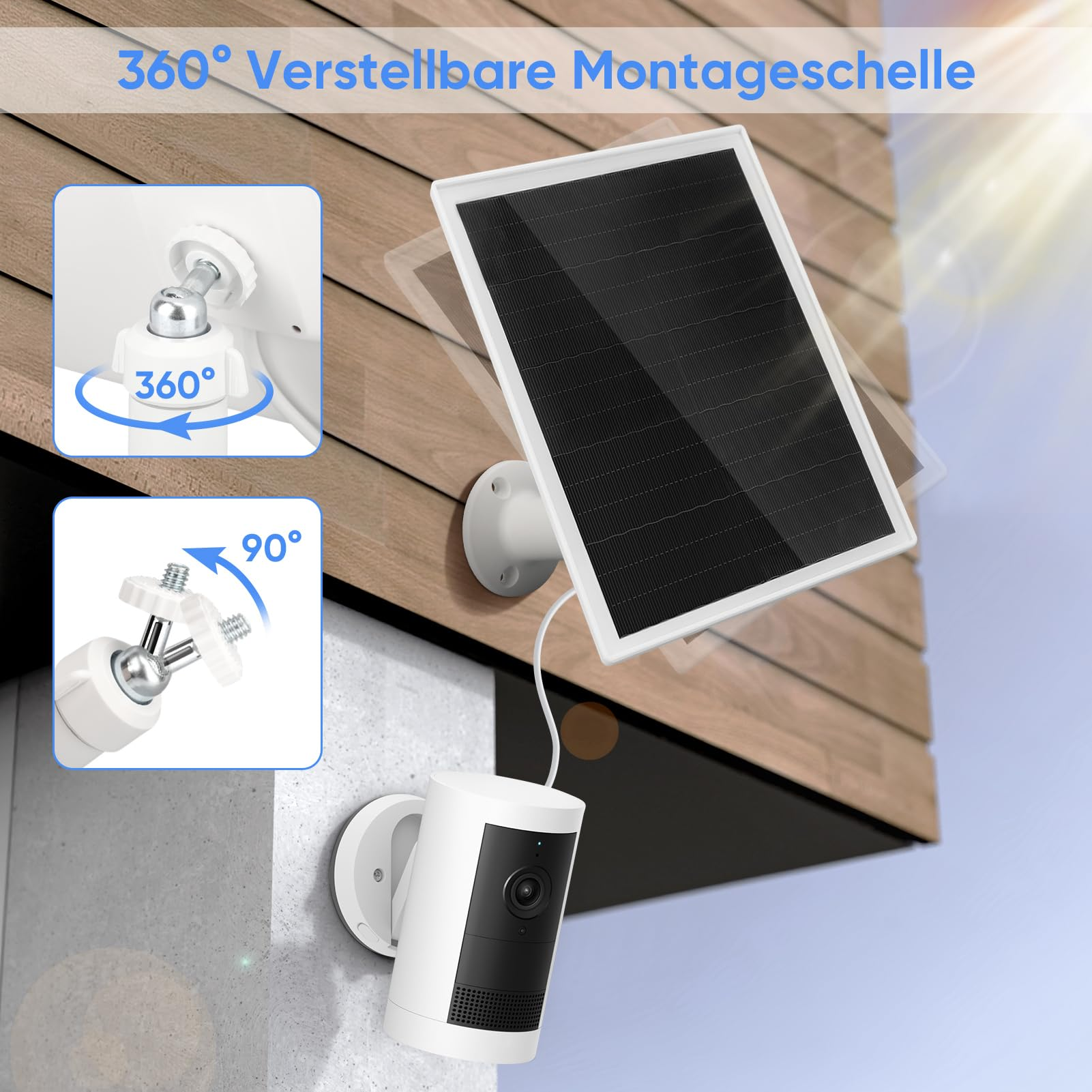 Eine weiße Überwachungskamera mit Solarpanel. Das Panel ist an einer Wand montiert. Die Kamera befindet sich auf Beton.