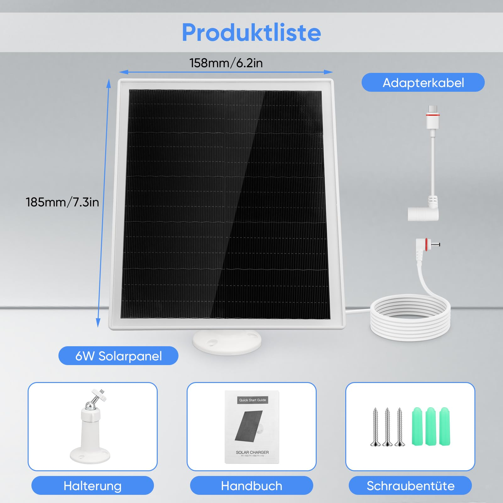 Produktliste mit Solarpanel, Halterung, Handbuch und Schraubbeutel. Abmessungen des Panels: 158 mm/6,2 Zoll x 185 mm/7,3 Zoll.