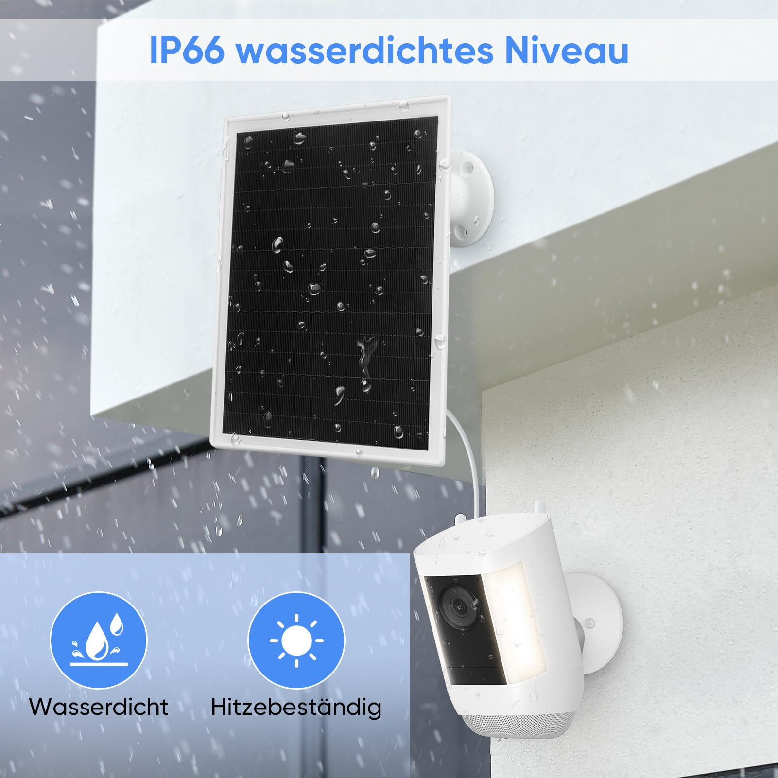 Ein Solarpanel und eine Überwachungskamera sind an einer Wand montiert. Das Panel ist weiß und schwarz, die Kamera ist weiß.