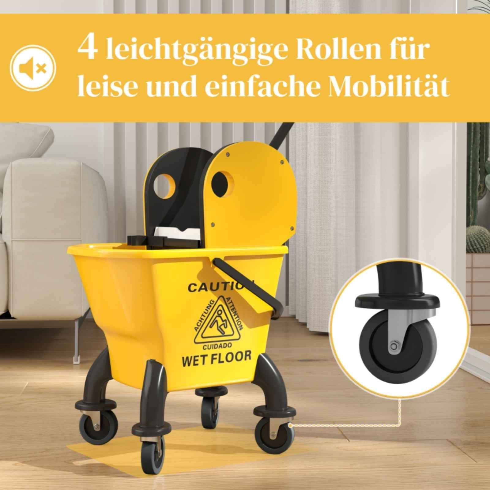 Gelber Moppeimer mit schwarzen Rädern. Text: 'Achtung Rutschgefahr'. Ein Raddiagramm ist ebenfalls vorhanden.