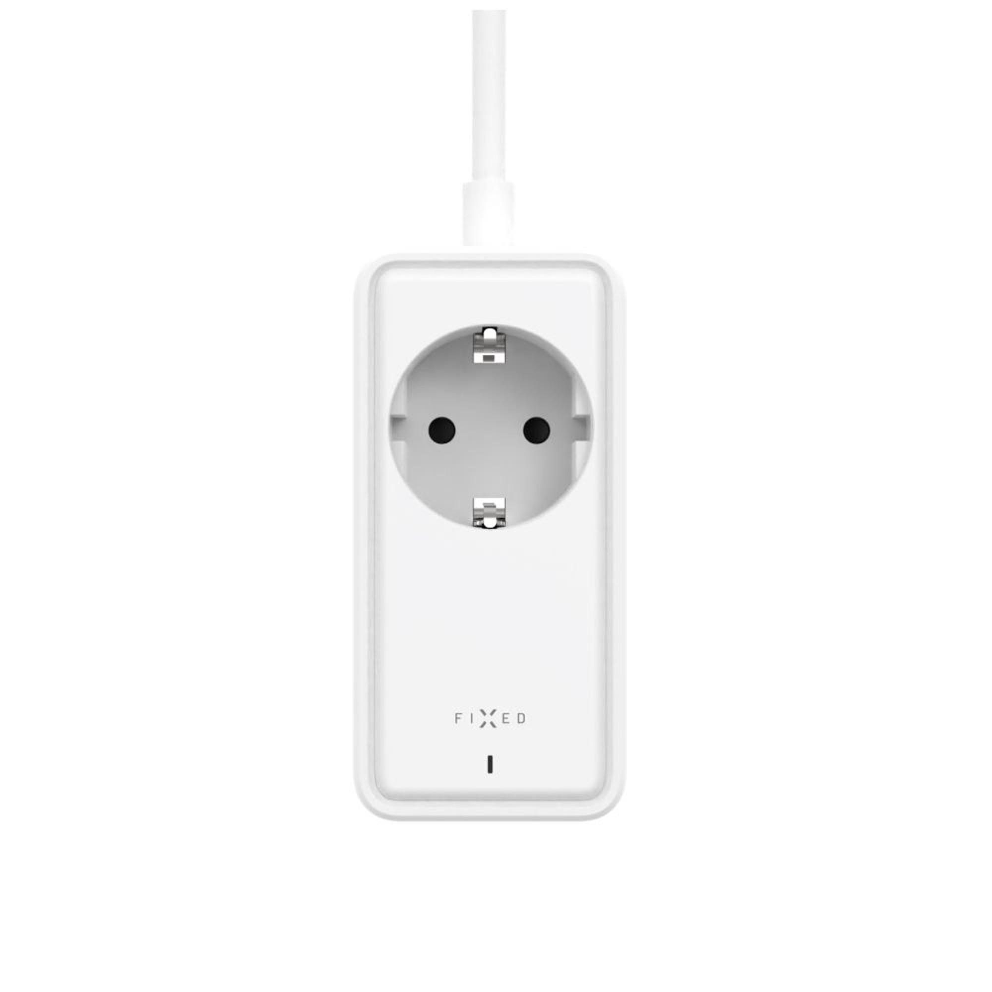 Ein weißer Netzadapter mit Stecker. Weißer Hintergrund.