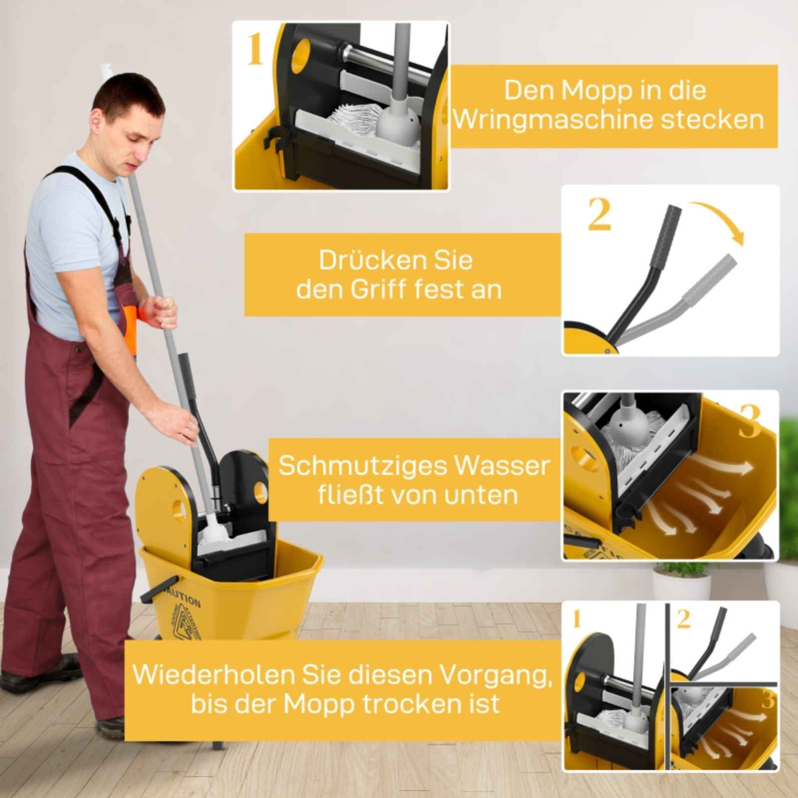 Ein Mann benutzt einen Mopp. Anweisungen auf Deutsch. Ein gelber Moppeimer und drei Bilder neben dem Mann.