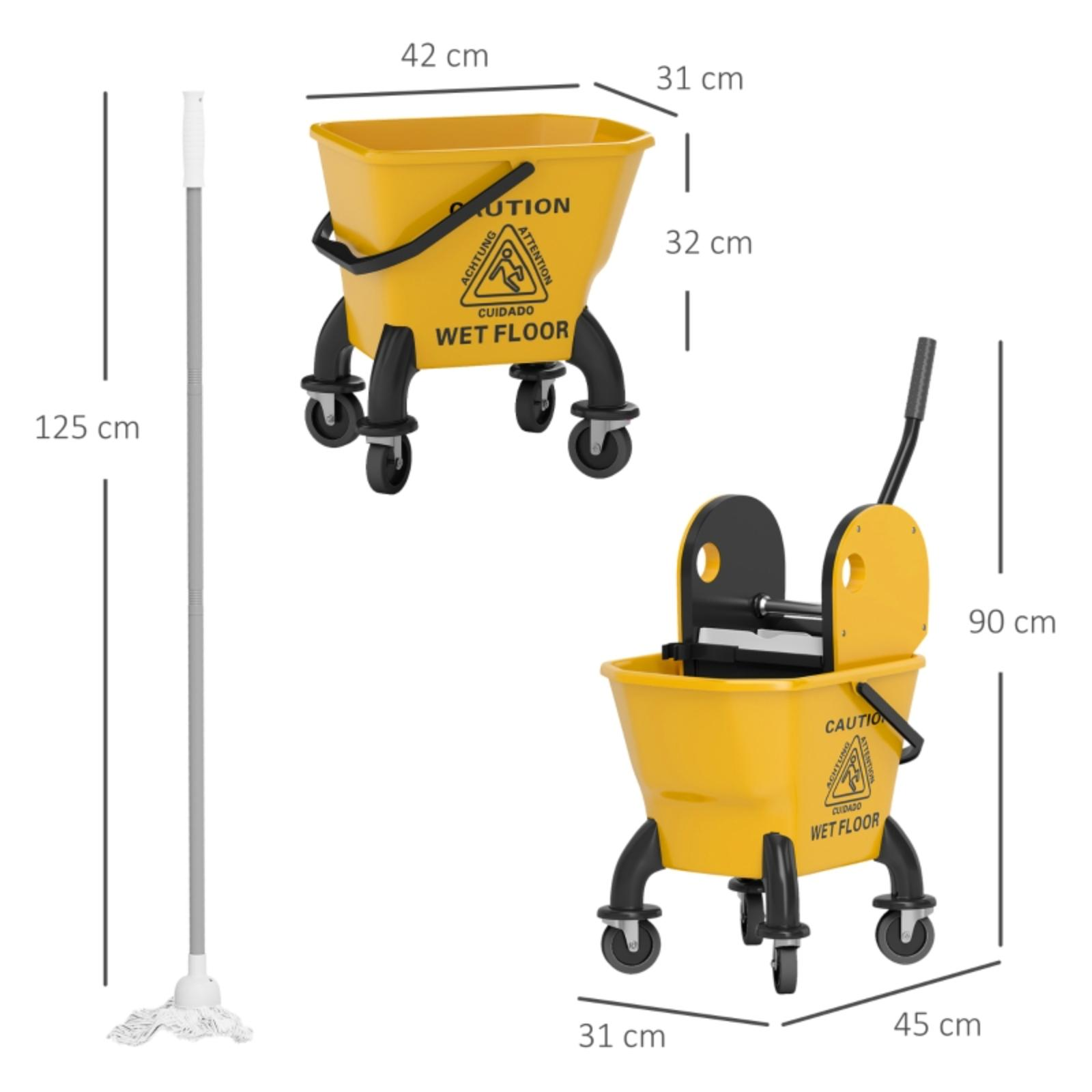 Ein gelber Moppeimer mit einem Mopp. Der Eimer hat Räder und die Abmessungen sind angegeben. Der Mopp ist links.