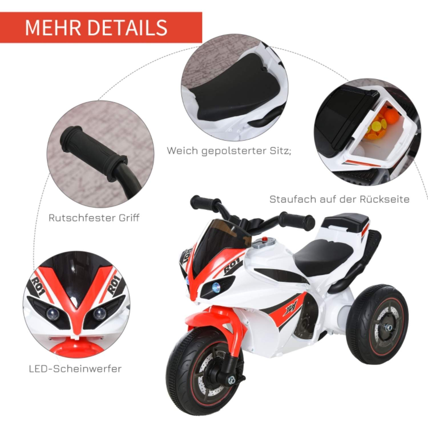 Ein weißes und rotes Spielzeugmotorrad. Es hat eine Motorradfront, einen Sitz und ein Staufach hinten.