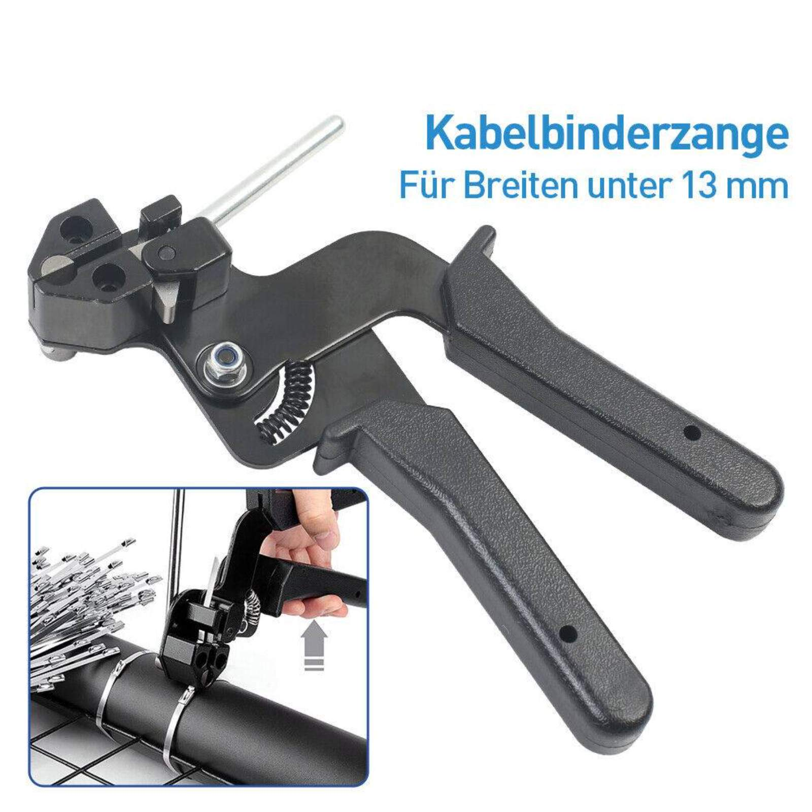 Schwarzes Kabelbinderwerkzeug. Es ist für Kabelbinder unter 13 mm ausgelegt und hat einen Schneidmechanismus und Griffe.