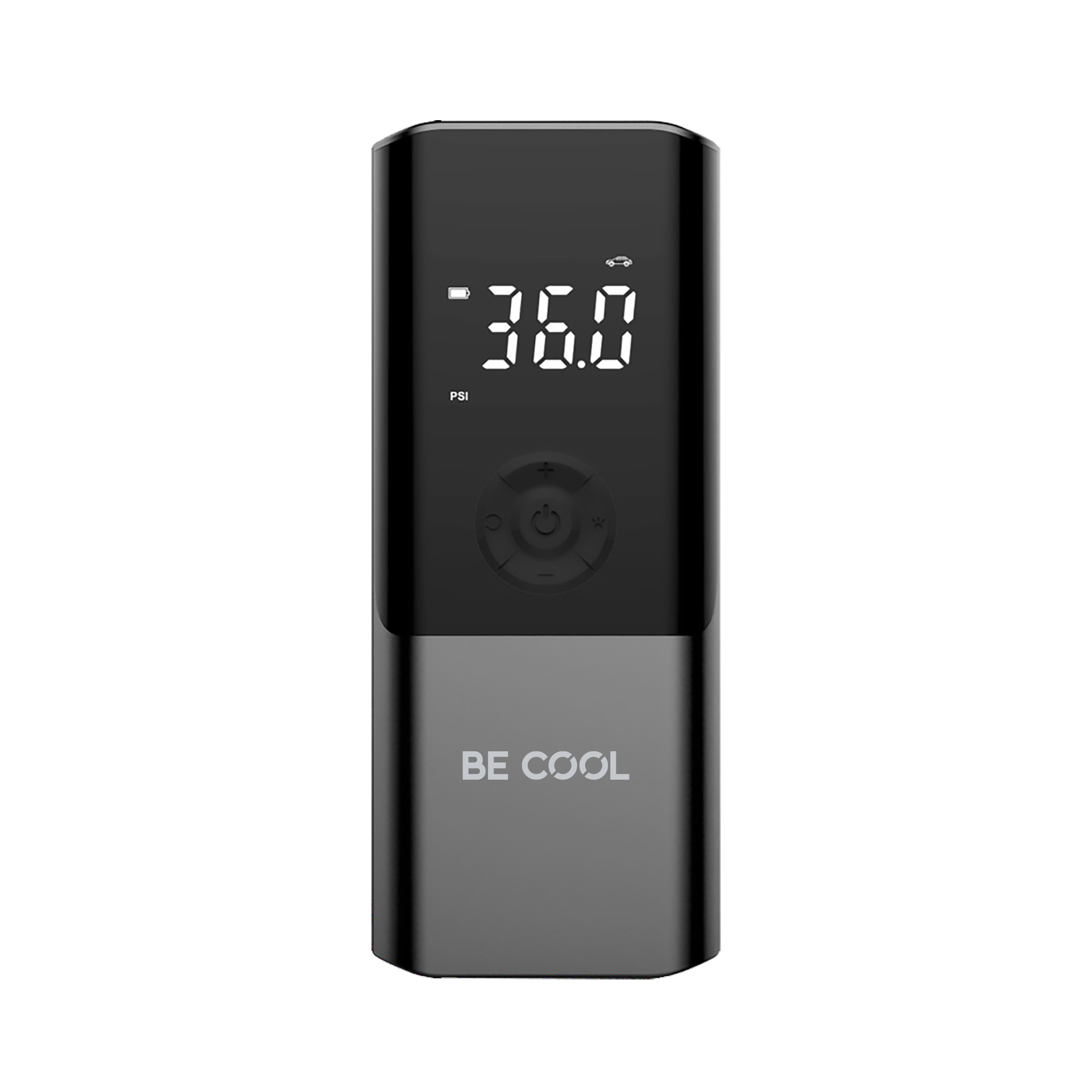 Eine schwarz-graue tragbare Luftpumpe mit digitaler Anzeige, die 36,0 PSI anzeigt. Auf der Pumpe steht 'BE COOL'.