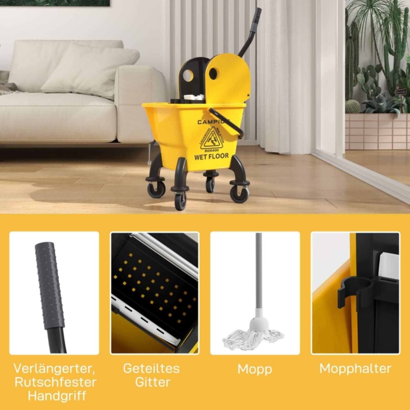 Ein gelber Reinigungswagen mit einem Mopp und einem Eimer befindet sich in einem Raum. Details der Teile werden gezeigt: ein Mopp, eine Presse und ein Griff.