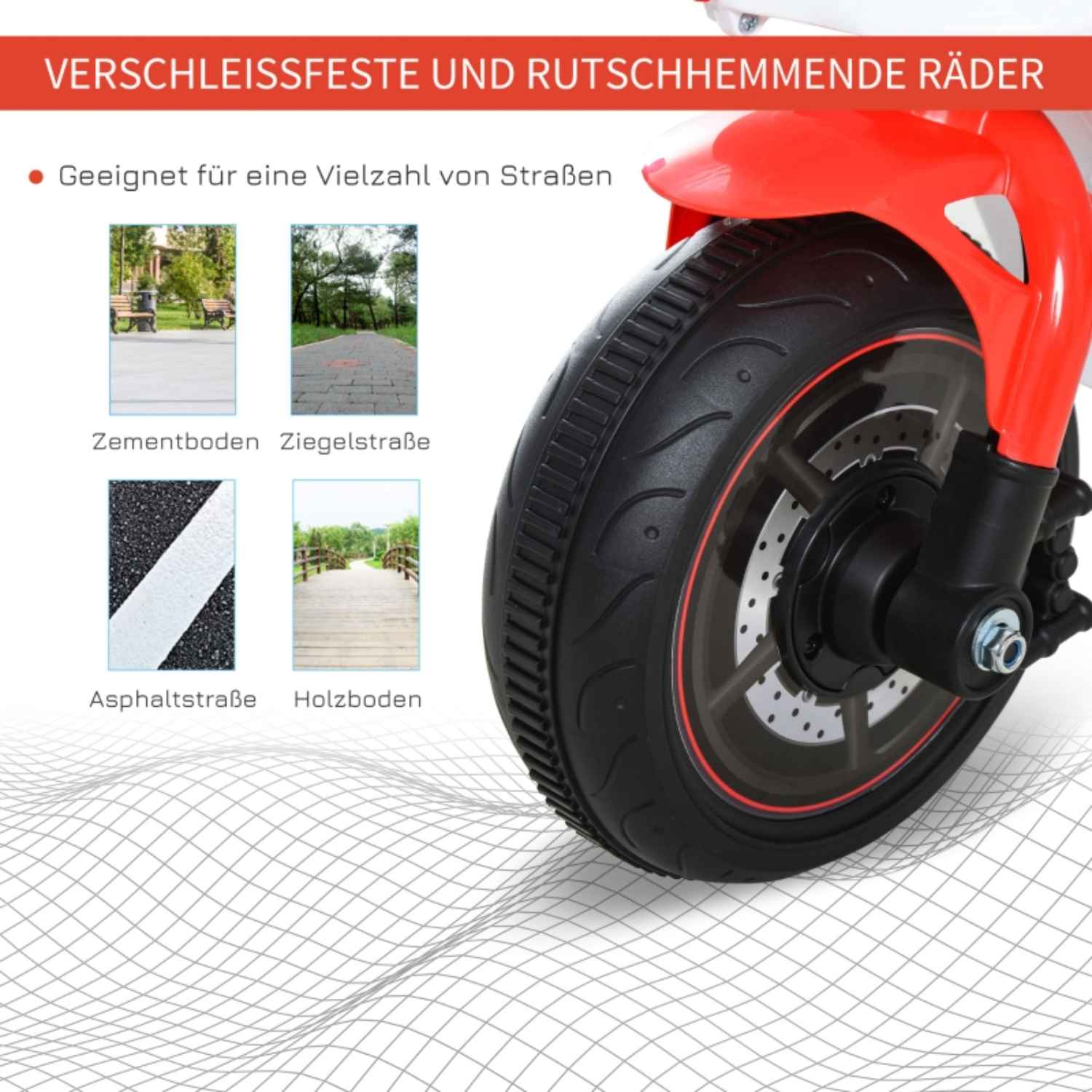 Ein kleines weißes und rotes Motorradspielzeug. Es hat einen schwarzen Reifen und rote Details an der Seite.