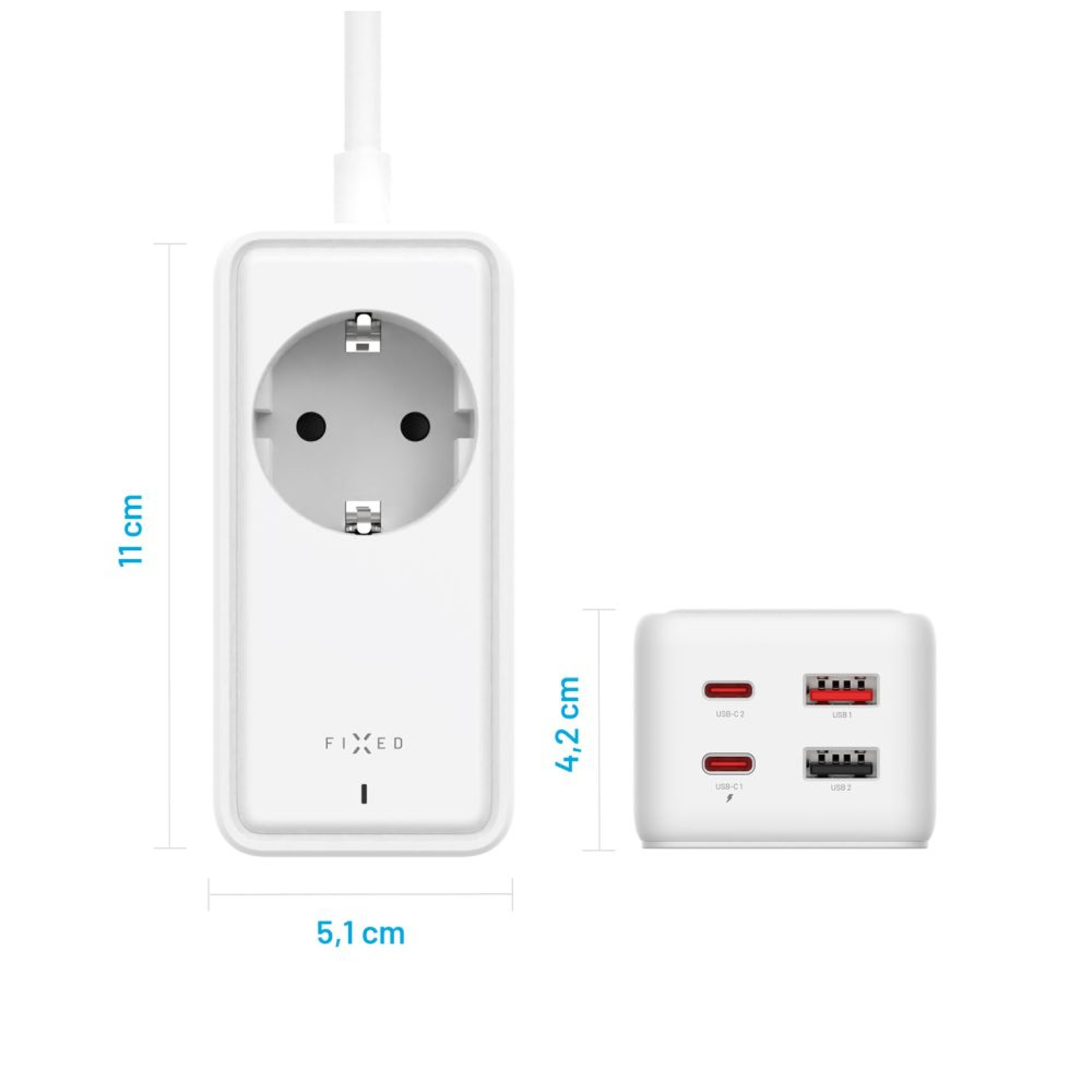 Ein weißer Netzadapter mit EU-Stecker und einer USB-Ladestation. Abmessungen sind dargestellt.