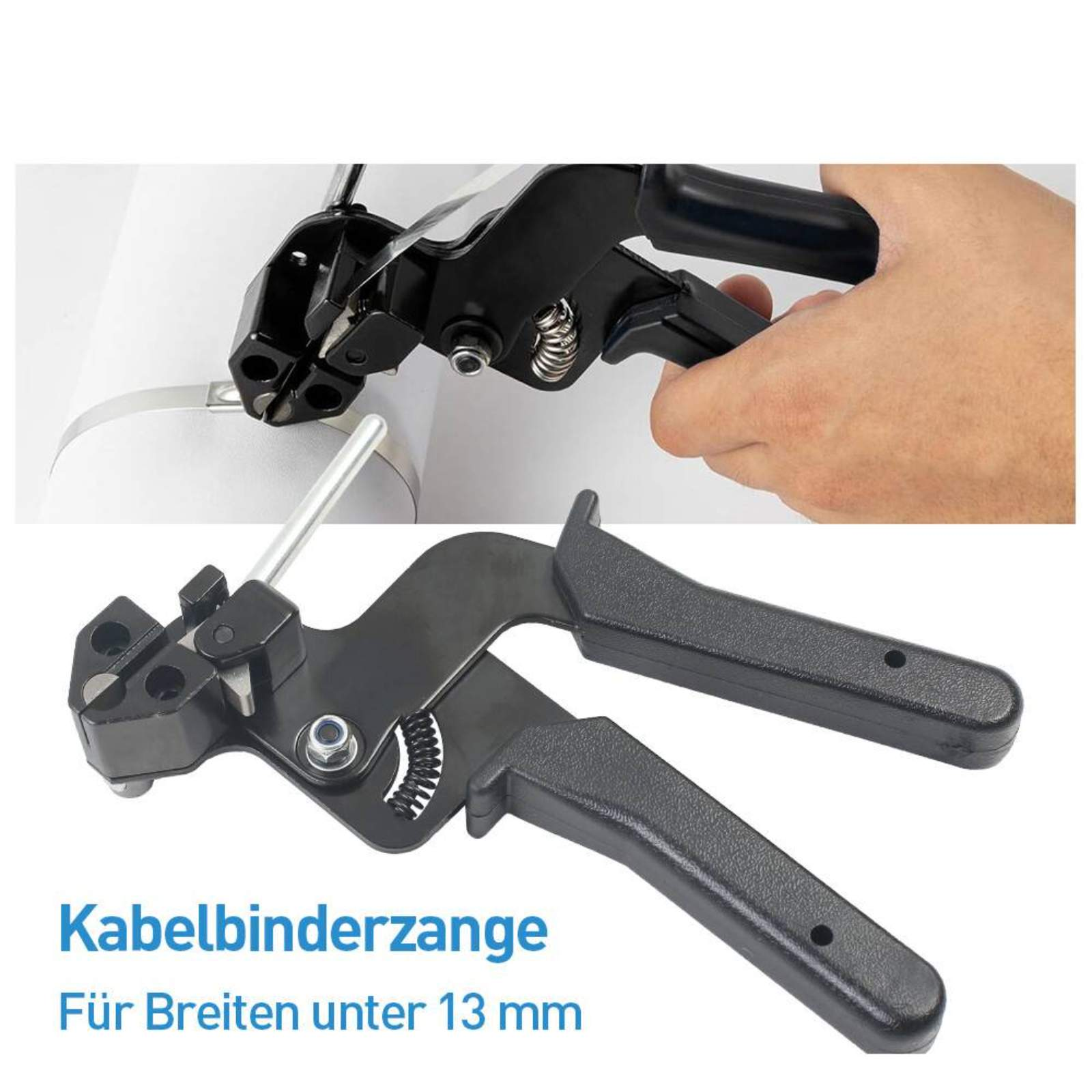 Schwarzes Kabelbinderwerkzeug. Eine Hand benutzt das Werkzeug an einem Kabel. Das Werkzeug ist schwarz mit Griff und Klinge.