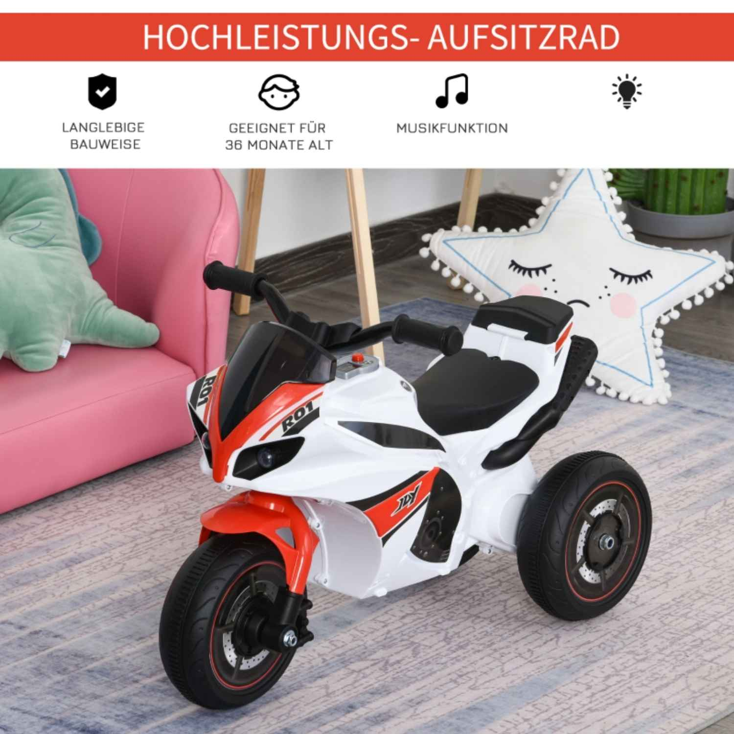 Ein weißes und rotes Spielzeugmotorrad mit drei Rädern in einem Raum. Hintergrund mit Text.