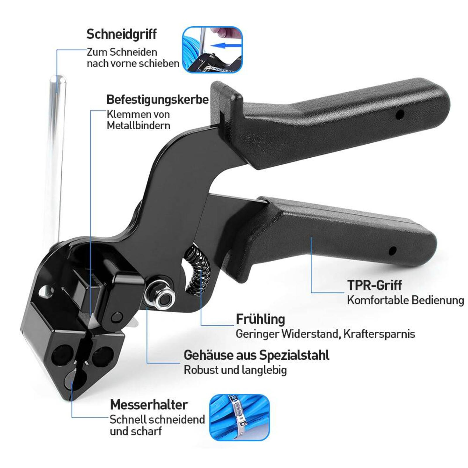 Schwarzes Kabelbinderwerkzeug mit Beschriftungen. Es verfügt über eine Schneidklinge, einen Griff und Feder.