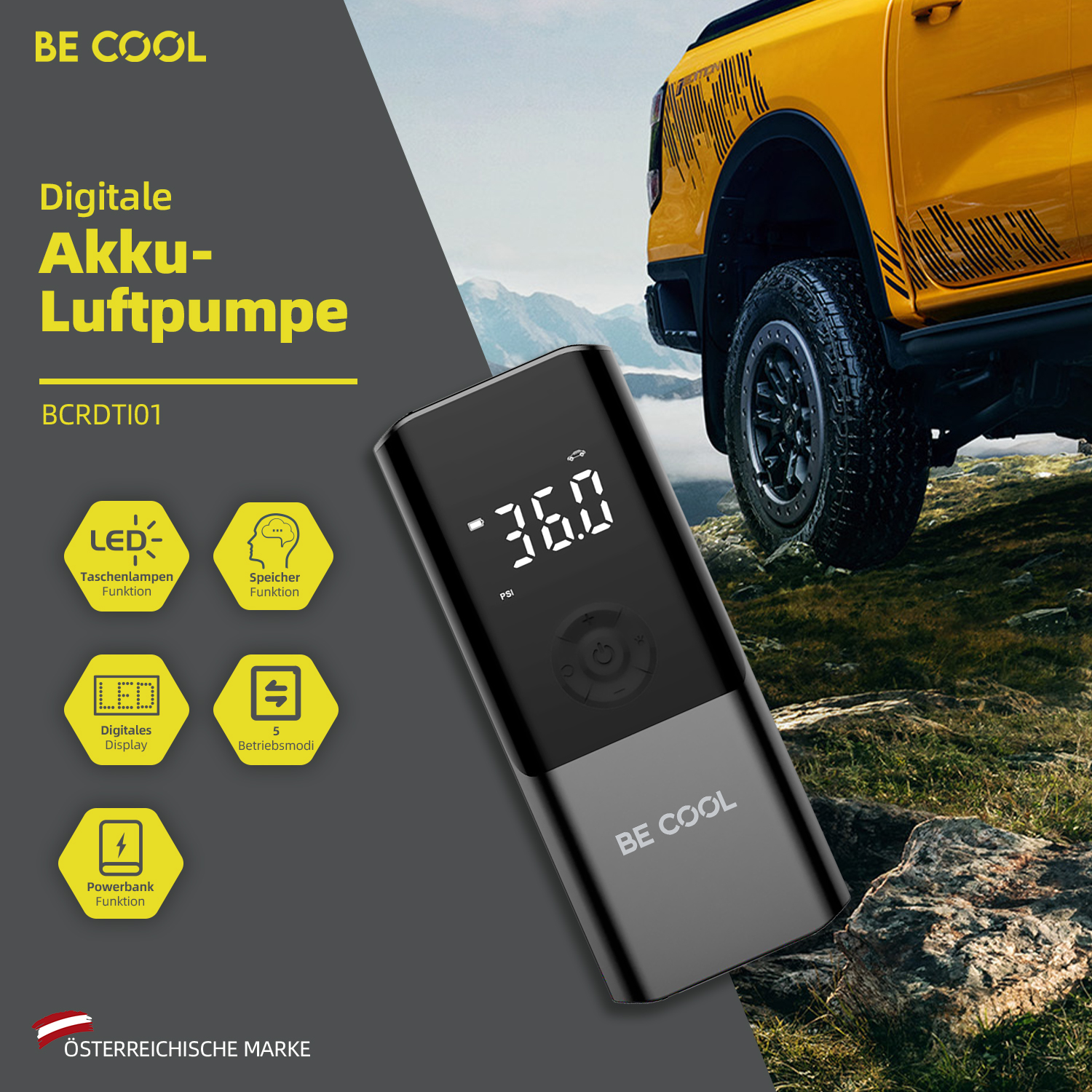 Schwarze und silberne digitale Luftpumpe mit Digitalanzeige. Sie hat Knöpfe für LED, Modi, Powerbank und mehr.