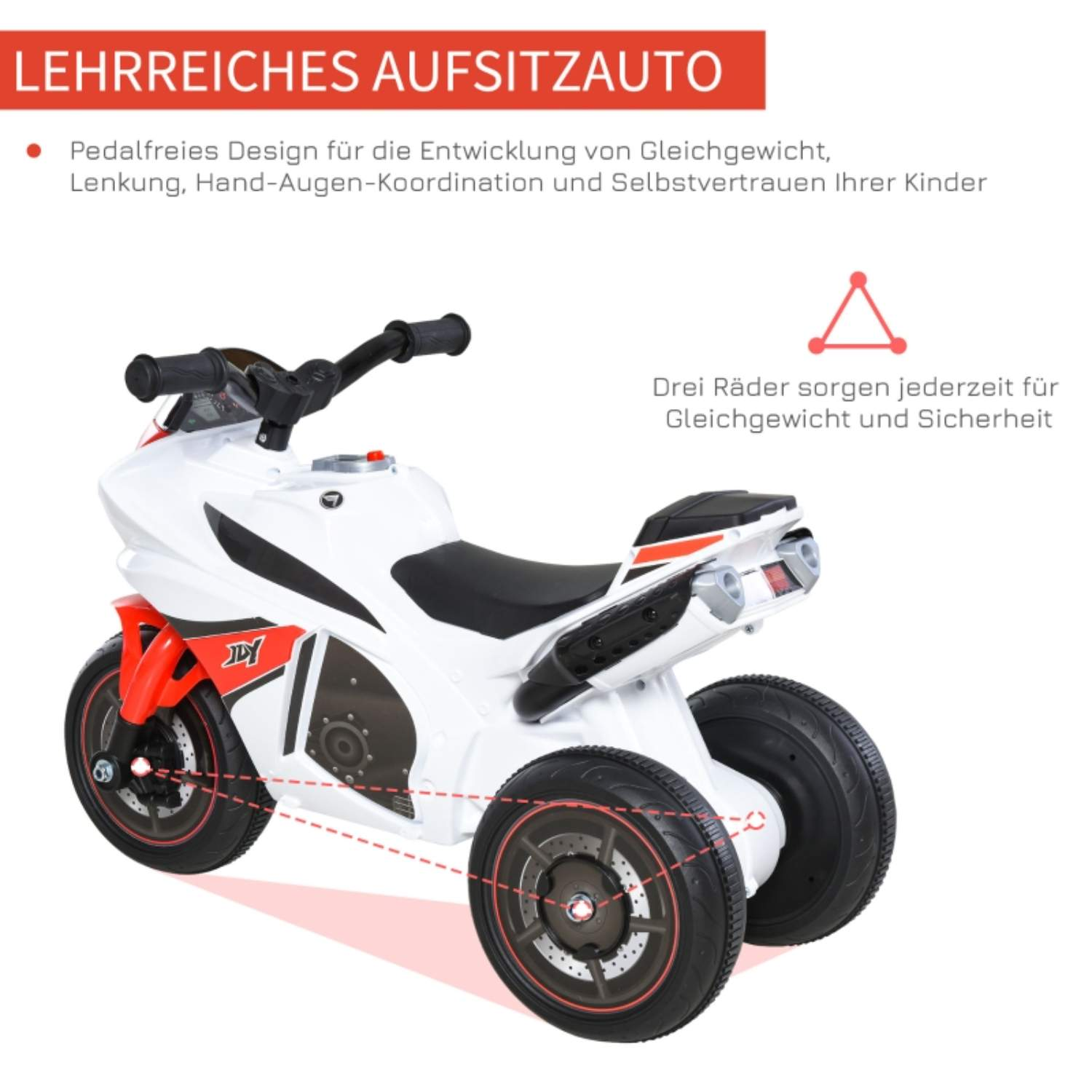 Ein weiß-rotes Spielzeugmotorrad mit drei Rädern. Der Text oben lautet 'Lehrreiches Aufsitzauto'. Der Fokus liegt auf dem Heck.