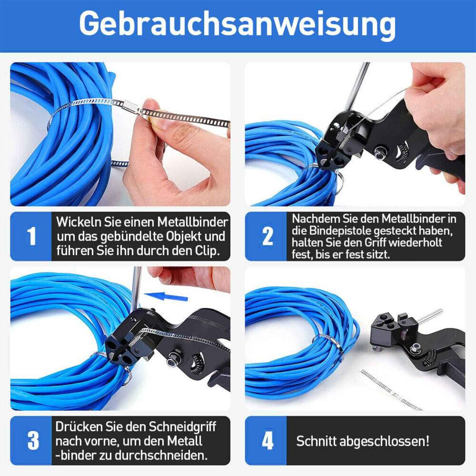 Vier Schritte zeigen, wie man ein Metallbinderwerkzeug zum Binden von Drähten verwendet. Die Schritte zeigen das Wickeln, Einsetzen, Drücken und Schneiden des Bindemittels.
