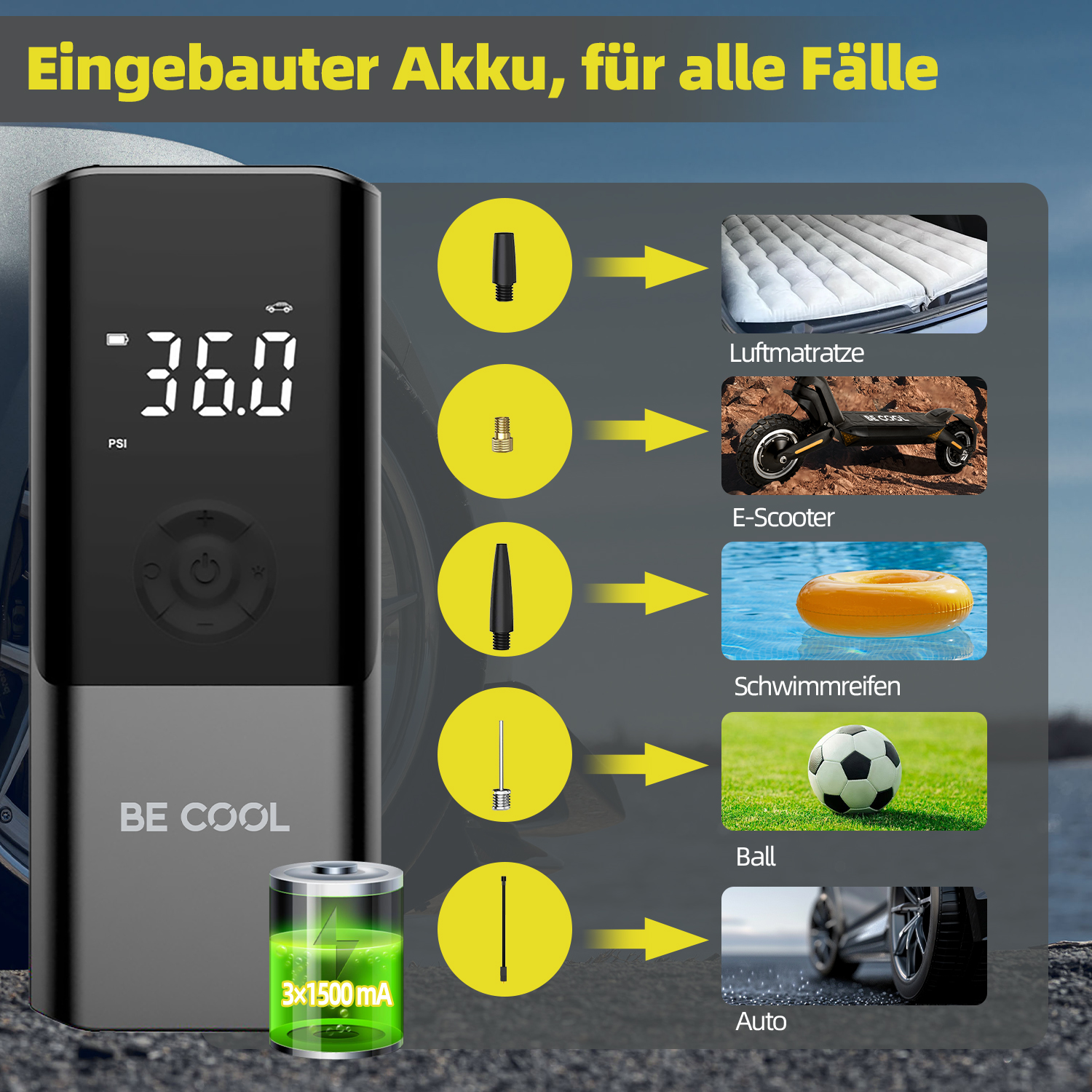 Eine schwarz-graue digitale Luftpumpe mit Digitalanzeige und Aufsätzen für Reifen, Bälle und andere aufblasbare Gegenstände.
