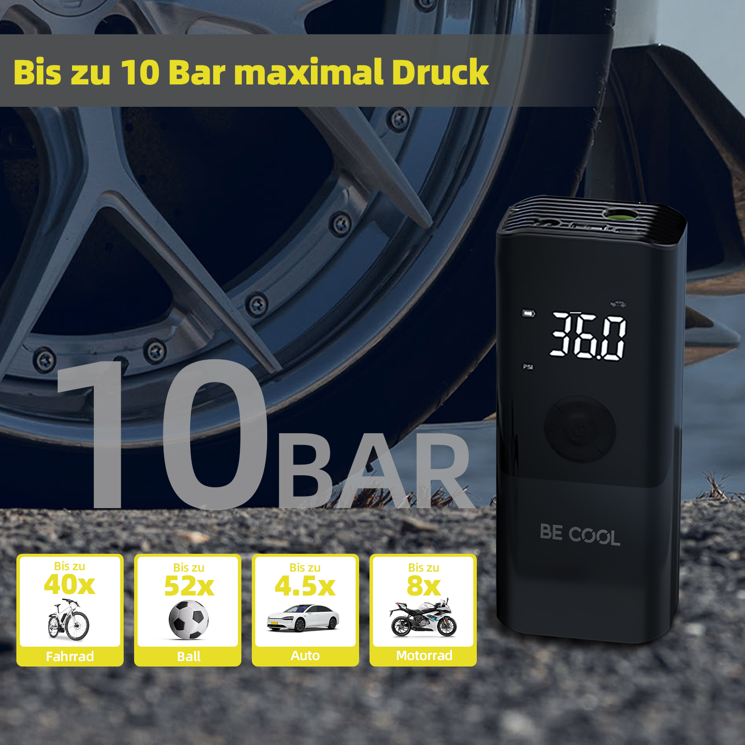 Schwarzer Luftkompressor mit Digitalanzeige (36.0 PSI). Text: '10 BAR' und Fahrzeugsymbole.