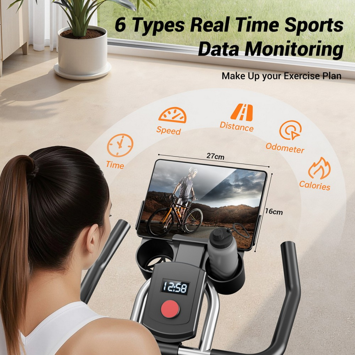 Kobieta ćwiczy na rowerze stacjonarnym. Rower ma ekran wyświetlający dane, takie jak prędkość i dystans. Obecna jest butelka wody.