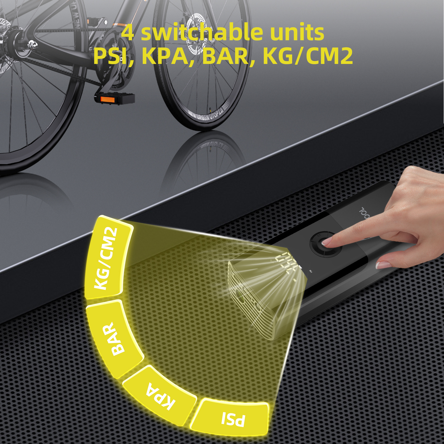 Hand drückt Knopf auf digitalem Gerät. 4 umschaltbare Einheiten: PSI, KPA, BAR, KG/CM2.