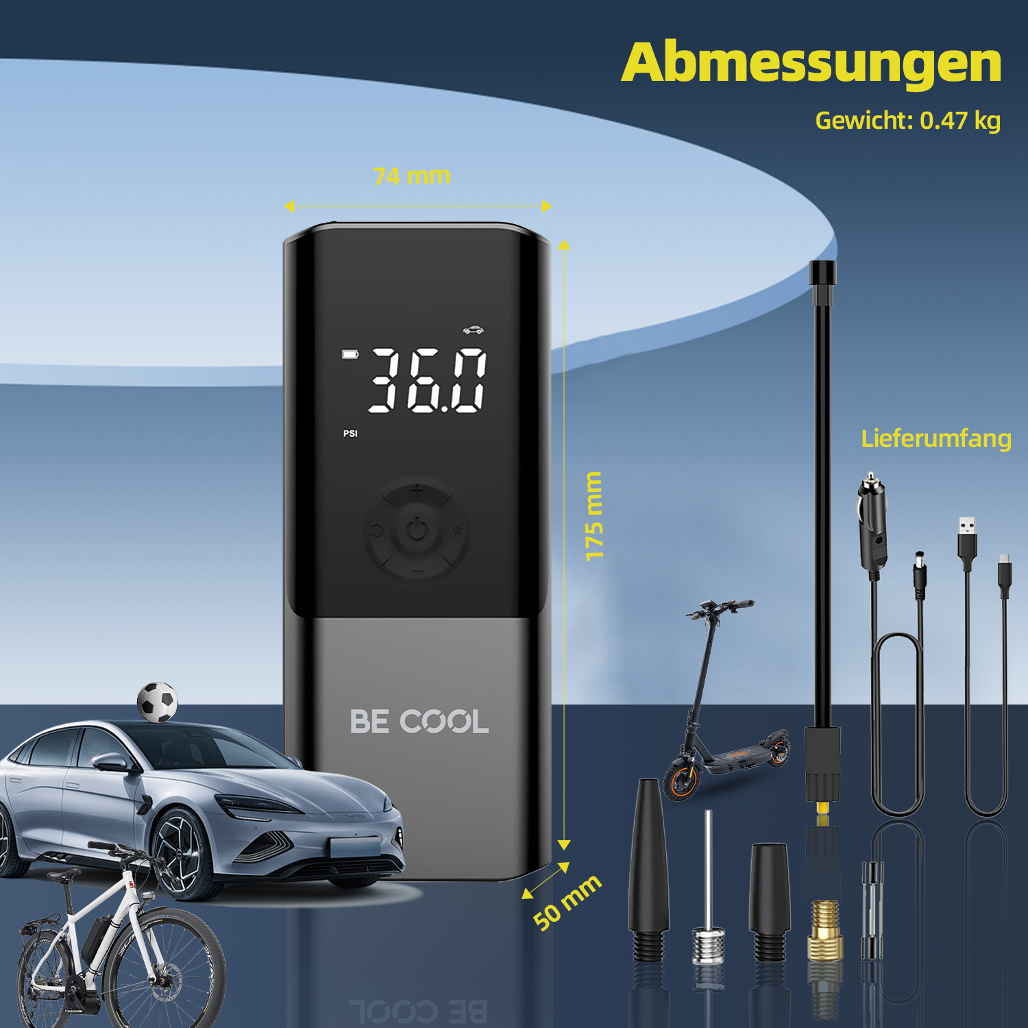 Schwarzer Luftkompressor mit Maßen, Zubehör und Icons (Auto, Fahrrad, Roller).