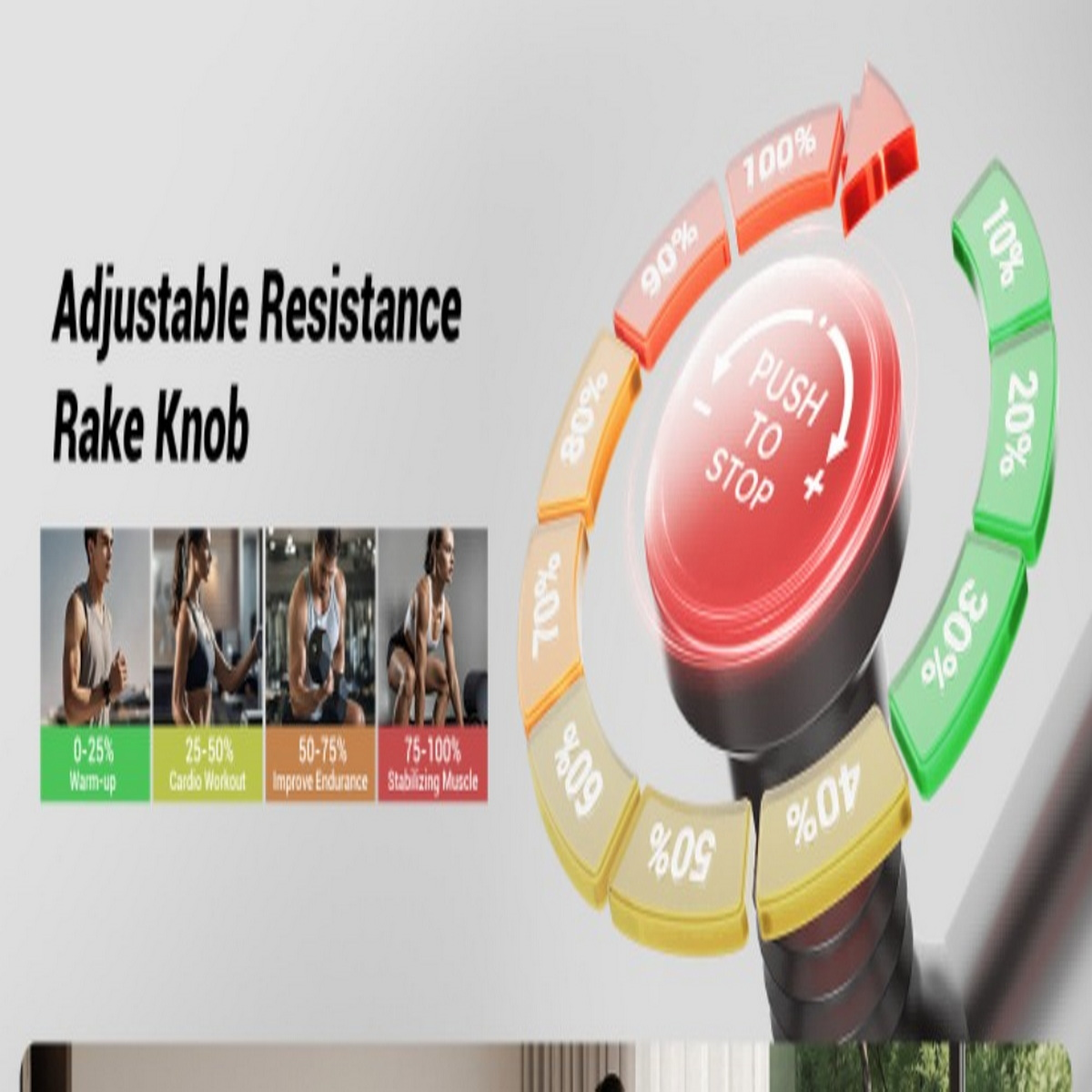 Diagram pokazuje pokrętło push-to-stop z procentami 0-100% i osoby ćwiczące na każdym poziomie oporu.