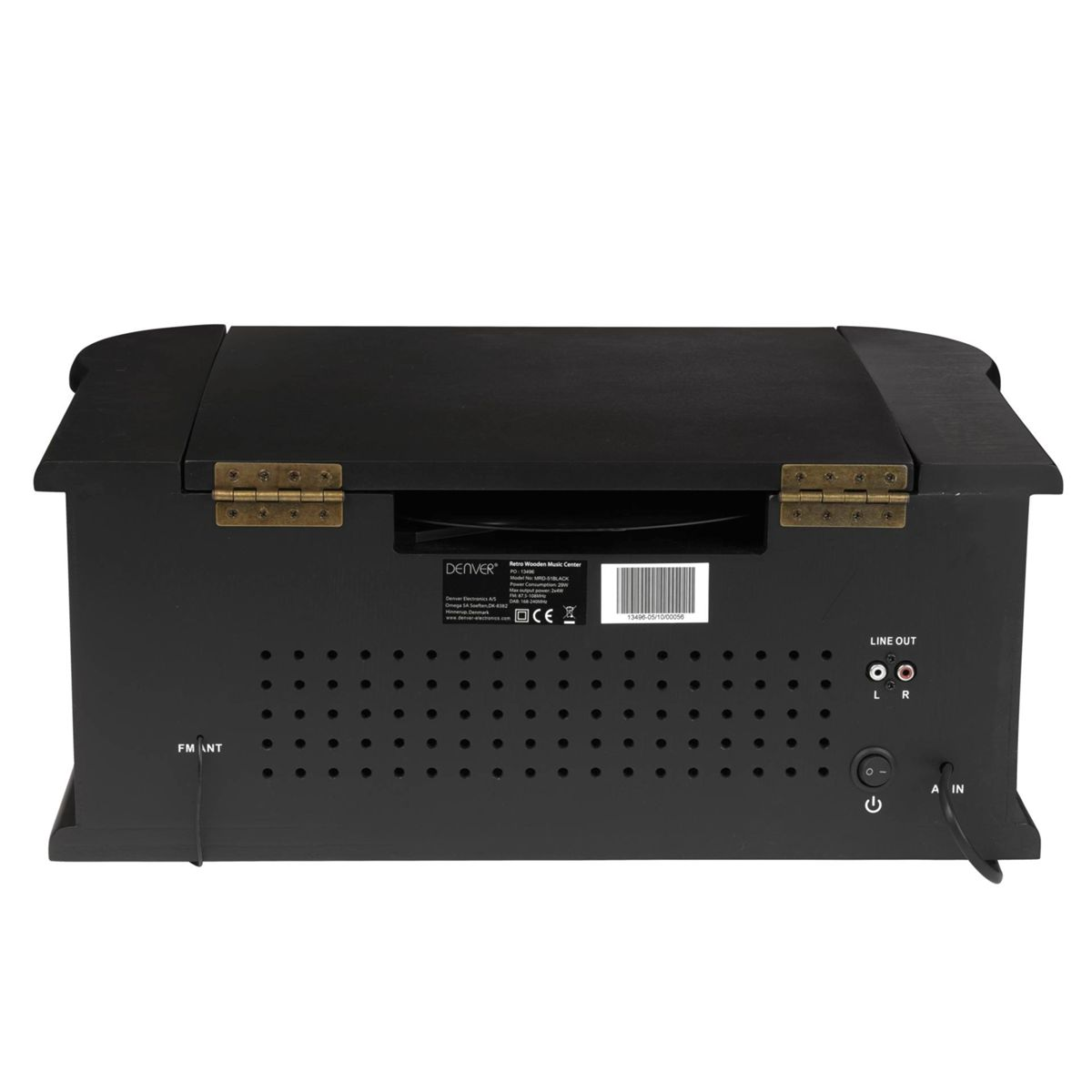 Tył czarnego centrum muzycznego w stylu retro. Zawiera gramofon i różne porty wejścia/wyjścia.