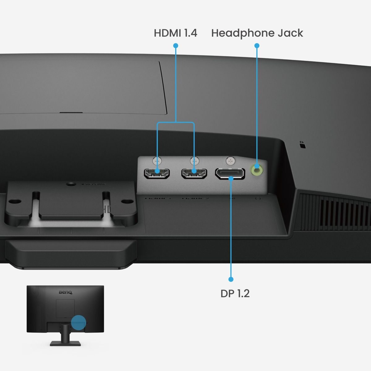 Zbliżenie portów monitora. Pokazuje porty HDMI 1.4, gniazdo słuchawkowe i DP 1.2. Etykiety wskazują na każdy.