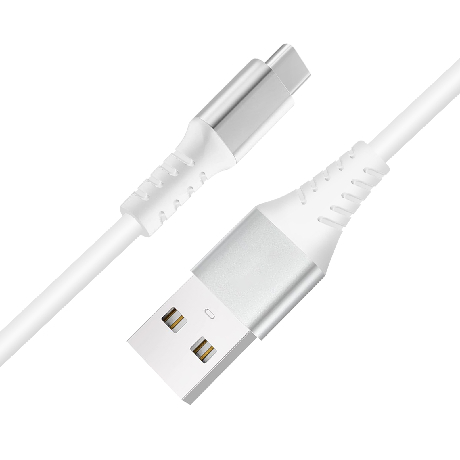 Weißes USB-C-zu-USB-Kabel. Ein Ende ist ein USB-C-Anschluss, das andere ein USB-A. Beide Enden haben silberne Akzente.