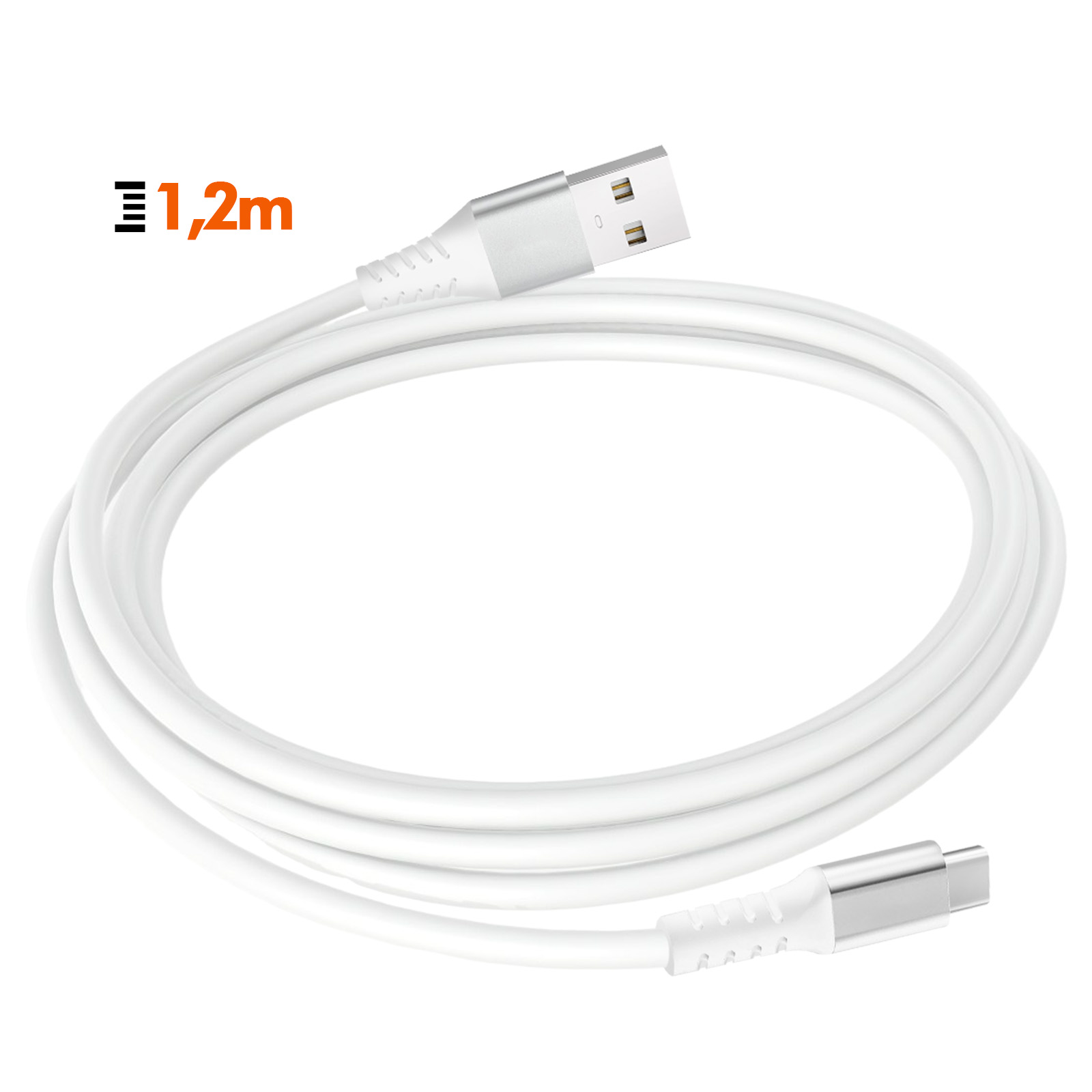 Ein weißes USB-Kabel mit USB-A- und USB-C-Anschluss, vor weißem Hintergrund. Es ist 1,2 m lang.