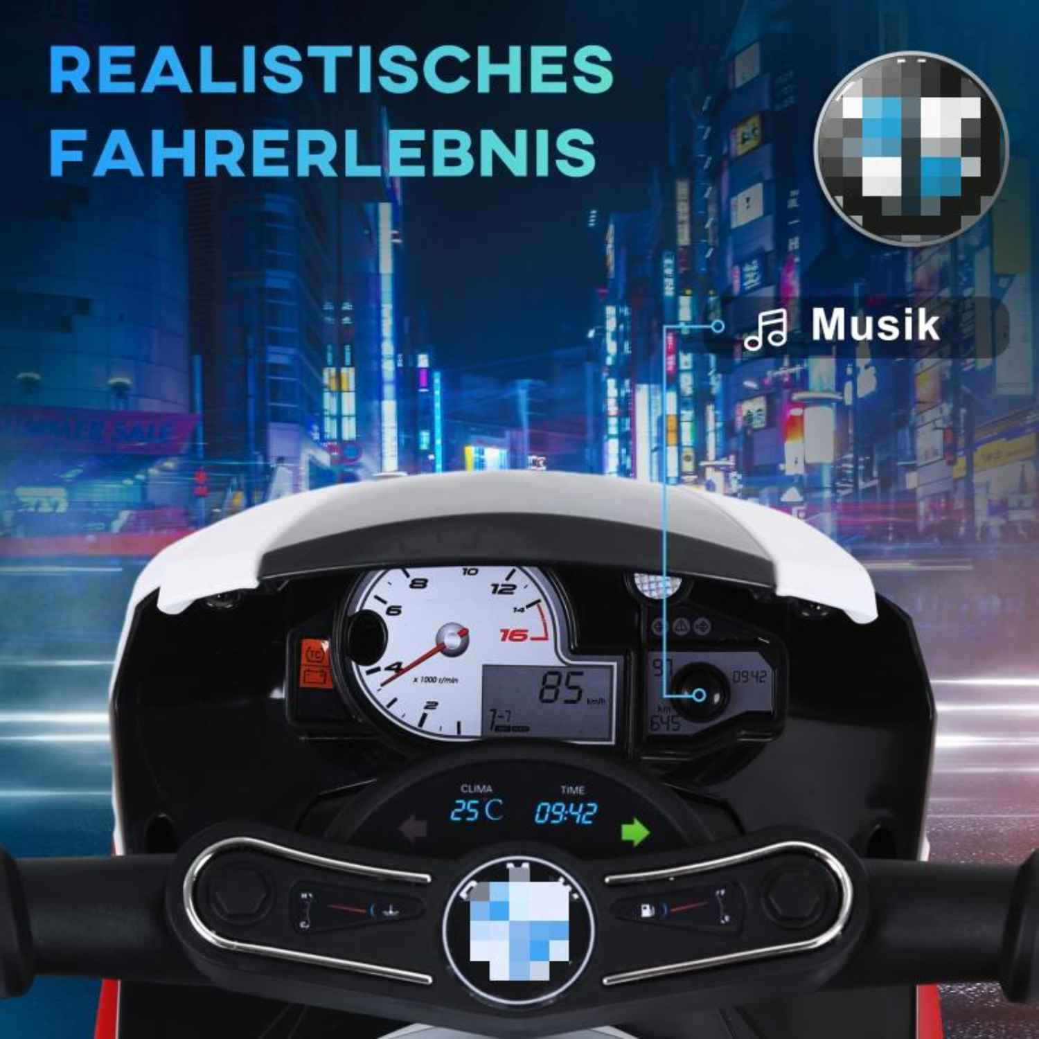 Nahaufnahme des Motorrad-Armaturenbretts mit Anzeige von Geschwindigkeit, Uhrzeit und Temperatur. Stadt im Hintergrund.