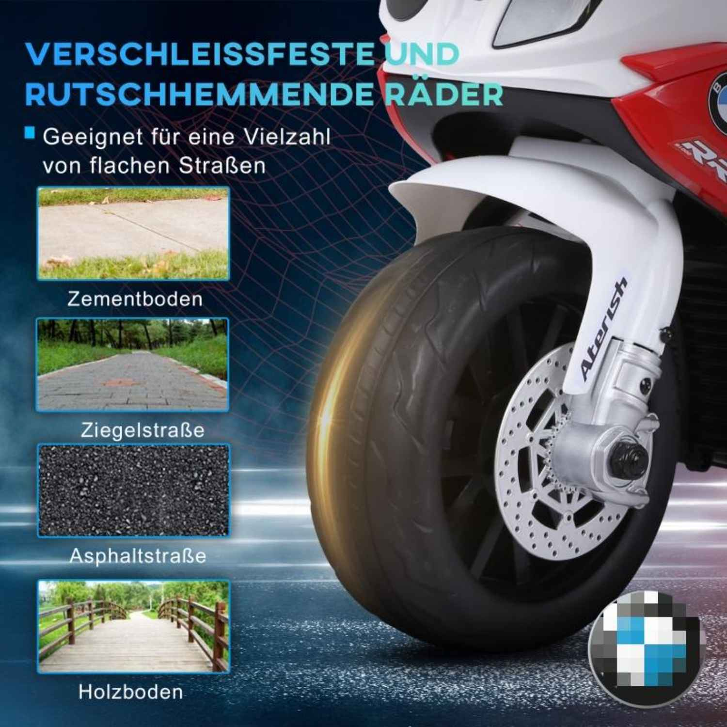 Nahaufnahme eines Spielzeugmotorradrads. Es ist rot, weiß und schwarz. Text auf Deutsch wird angezeigt.