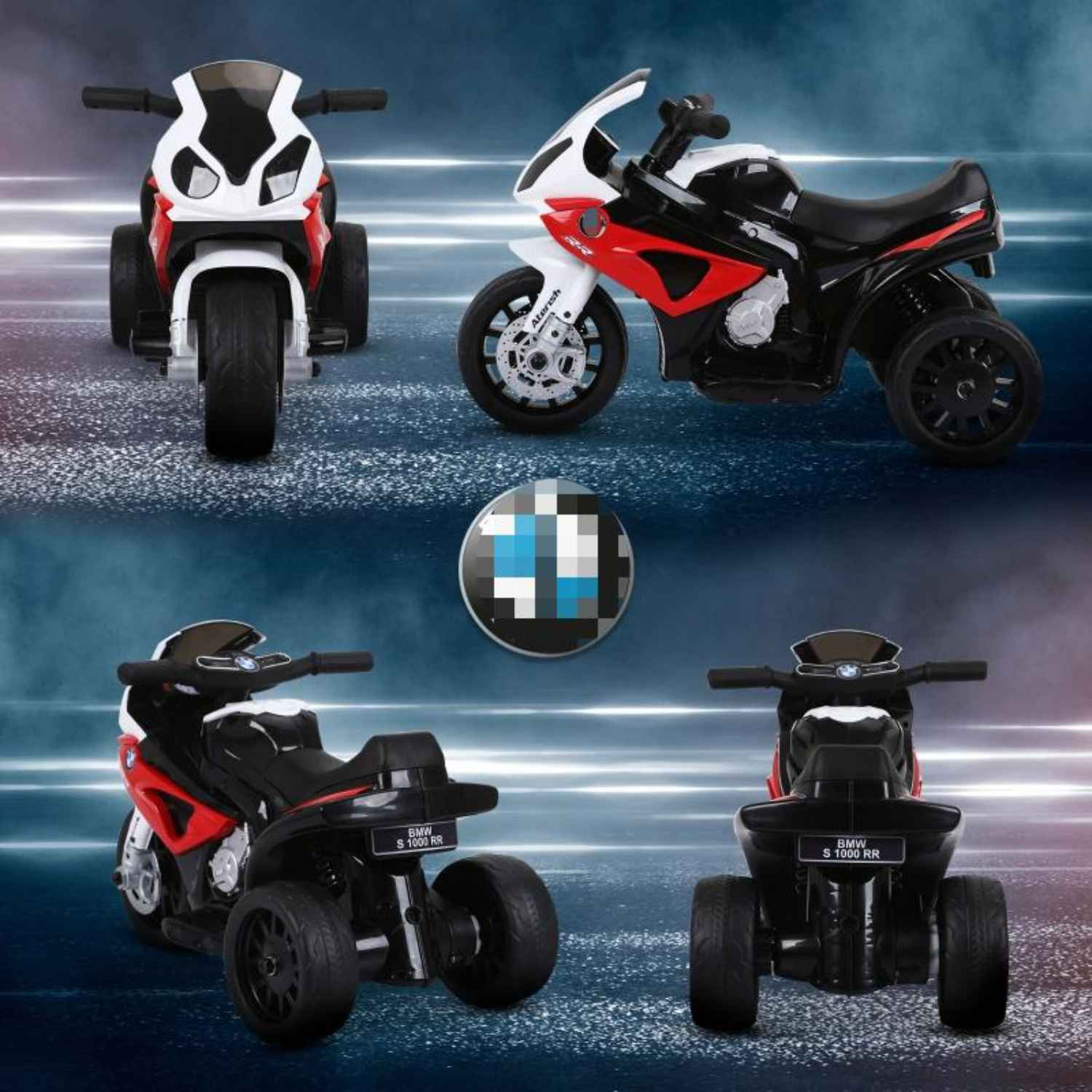 Vier Spielzeugmotorräder in verschiedenen Ansichten. Die Motorräder sind rot, schwarz und weiß mit einem BMW-Logo.