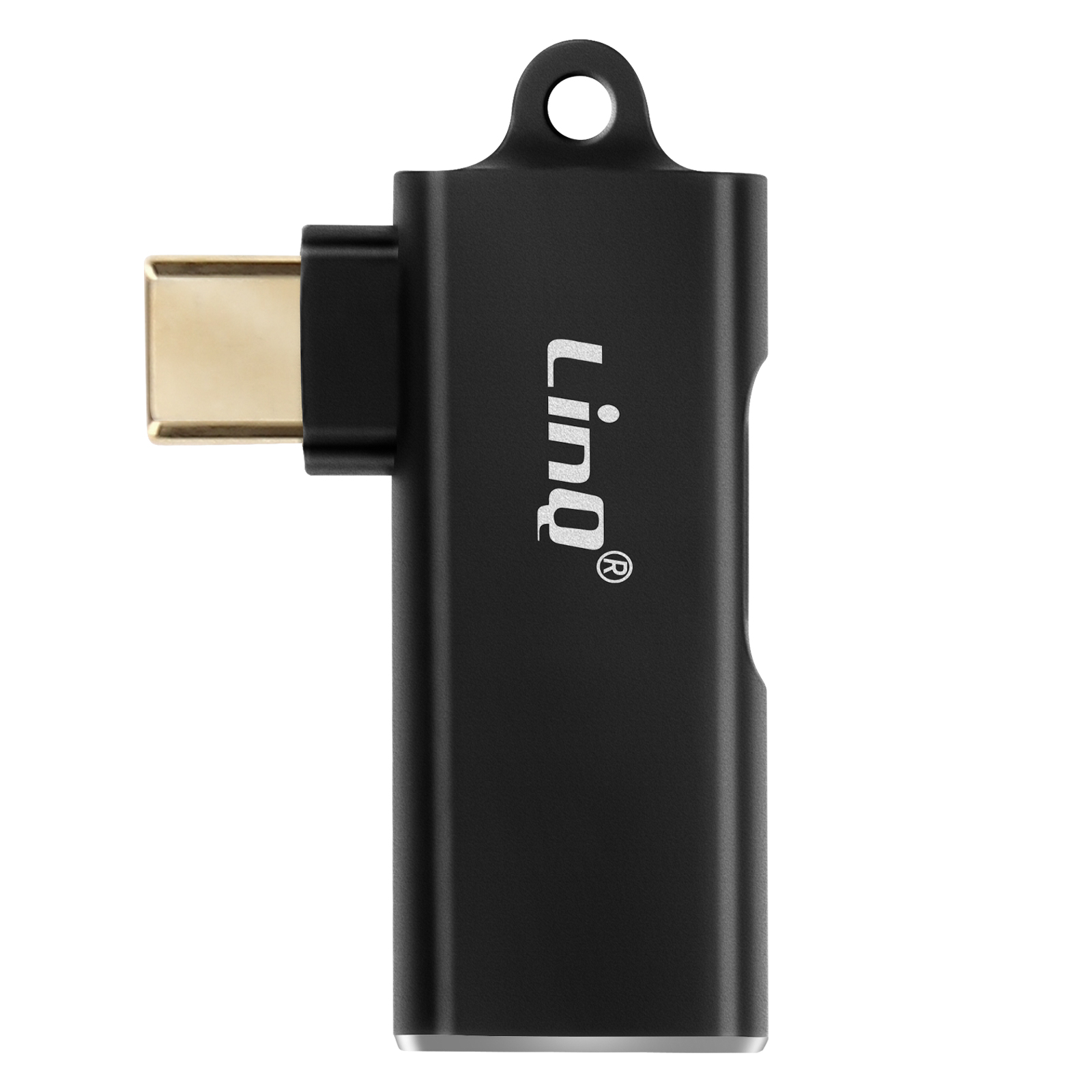 Un adattatore USB-C nero con il logo 'Linq' e un anello. Sfondo bianco.