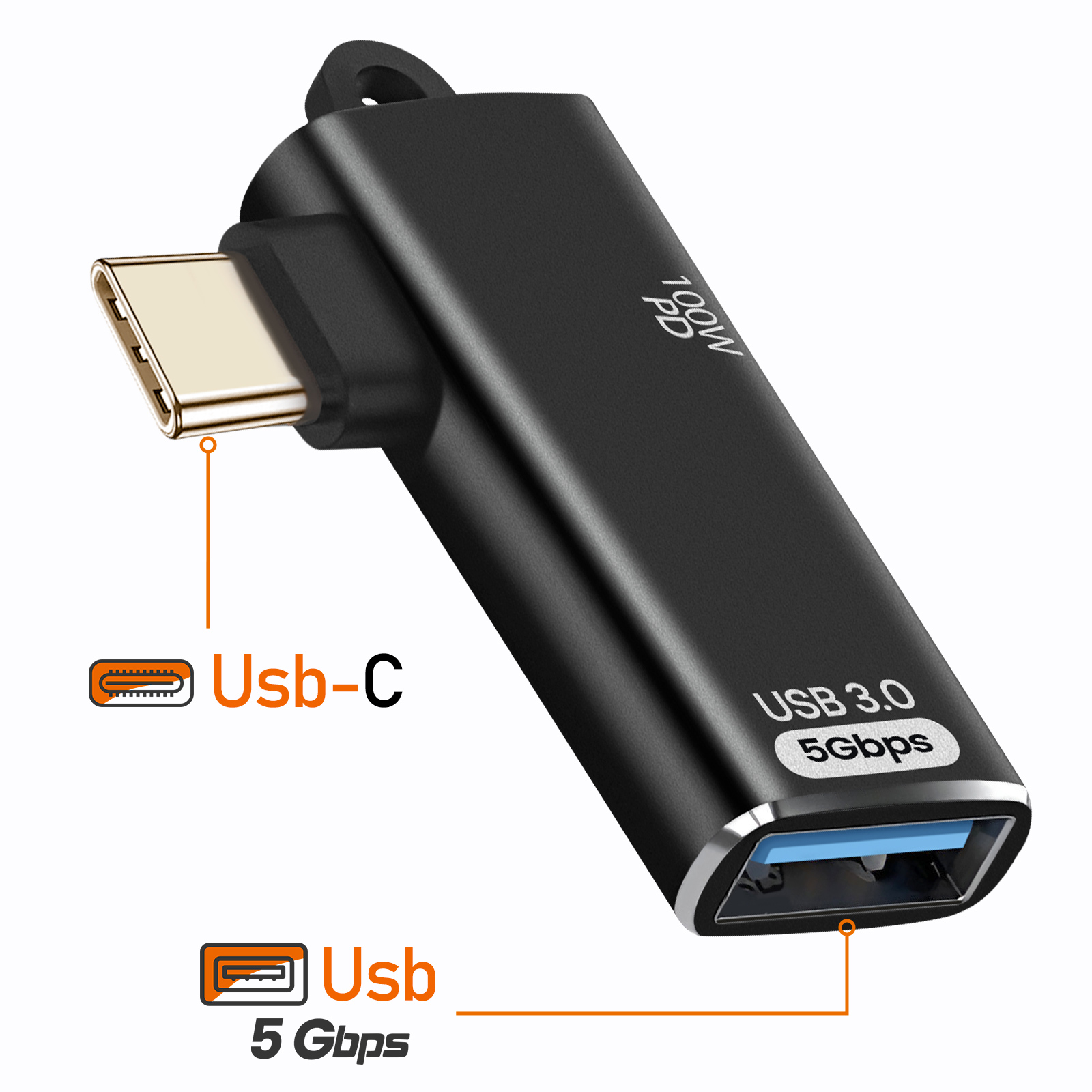 Adattatore da USB-C a USB 3.0 nero e oro.