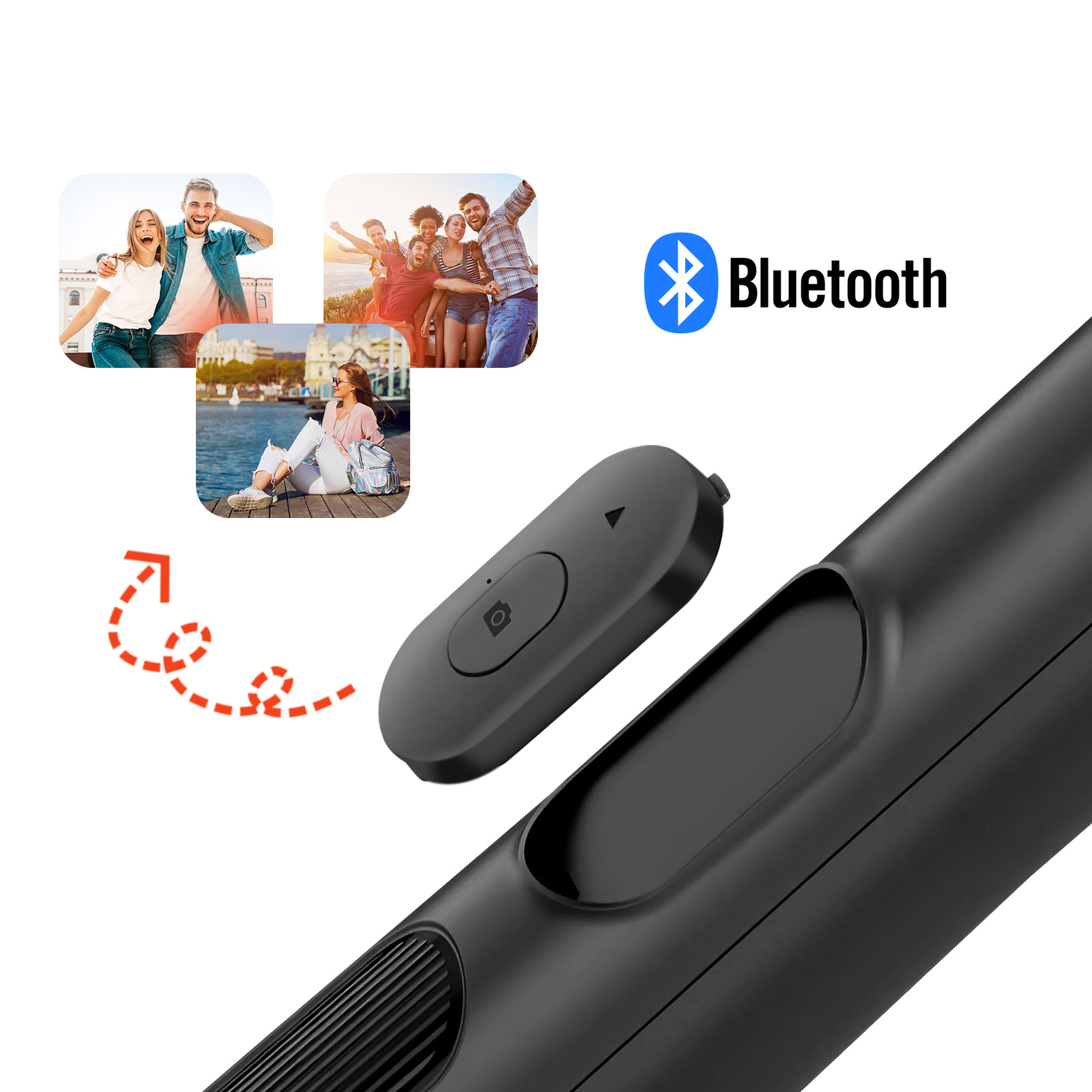 Schwarzer Selfie-Stick mit Fernbedienung und Bildern von Personen, die Selfies machen. Blaues Bluetooth-Logo.
