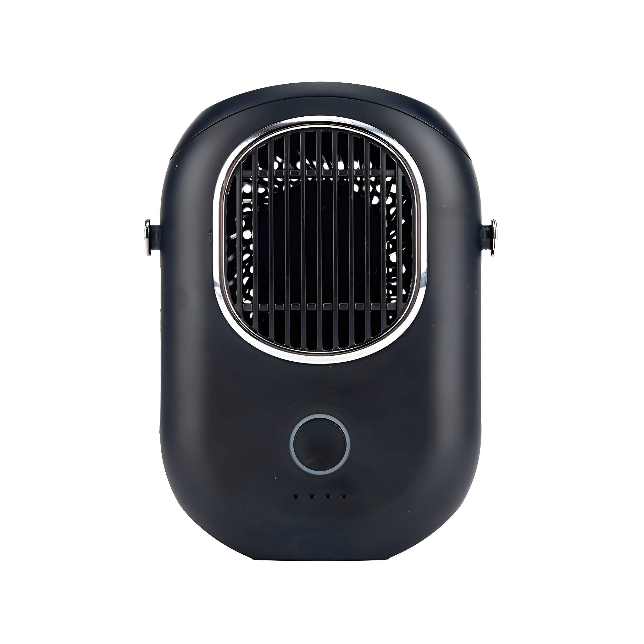 Schwarzer, oval geformter persönlicher Ventilator. Er hat einen silbernen Rand, einen Knopf und drei Kontrollleuchten.